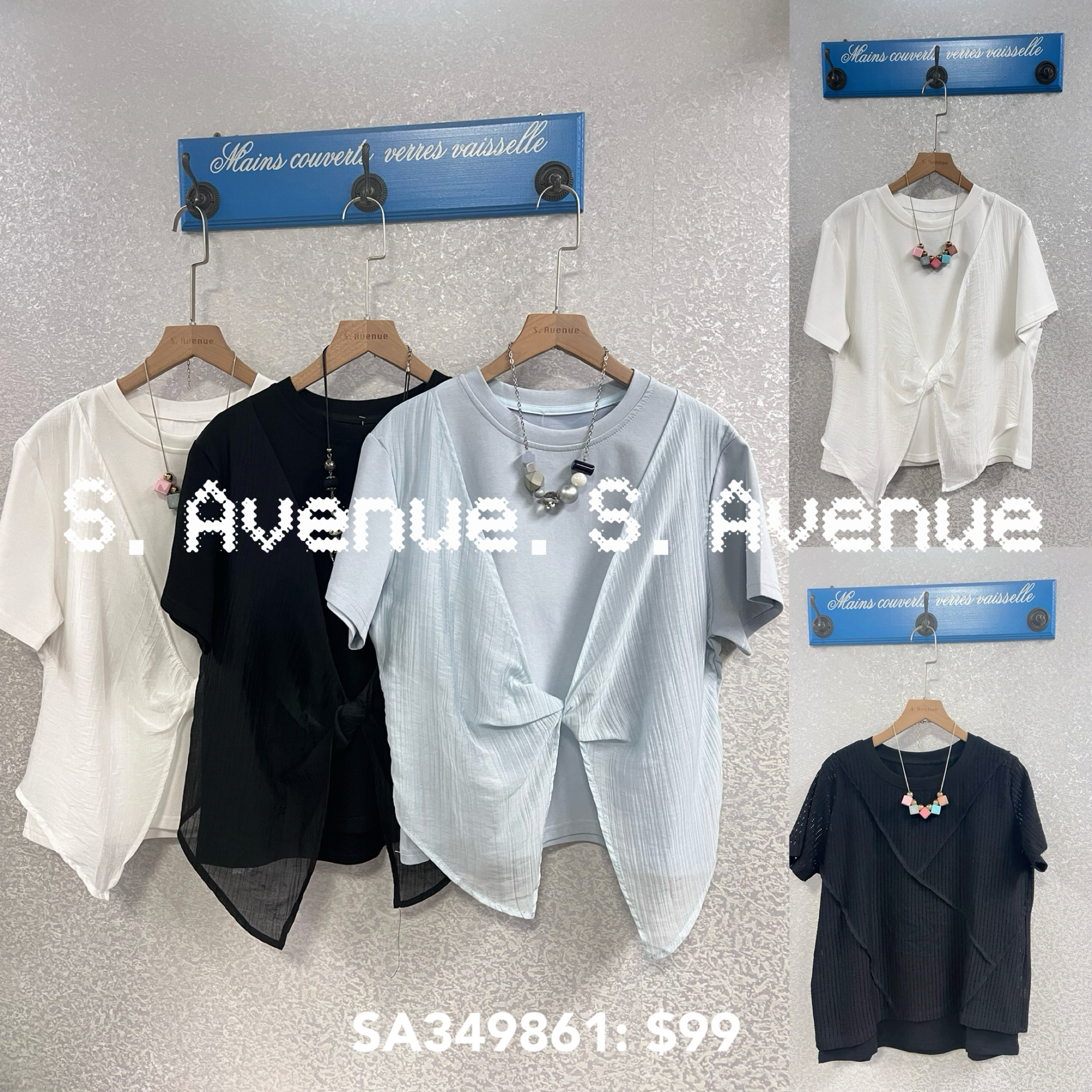 SA349861: 短袖中間打結雪紡假兩件