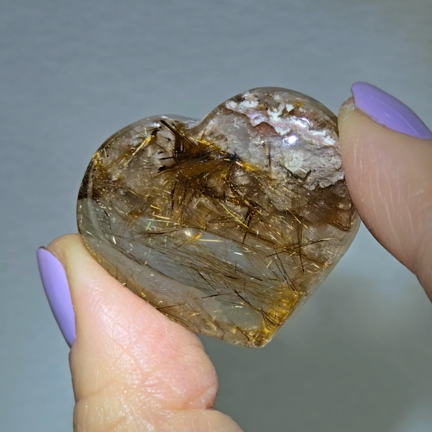 Golden rutile flower on pink lodolite garden quartz heart - RT710