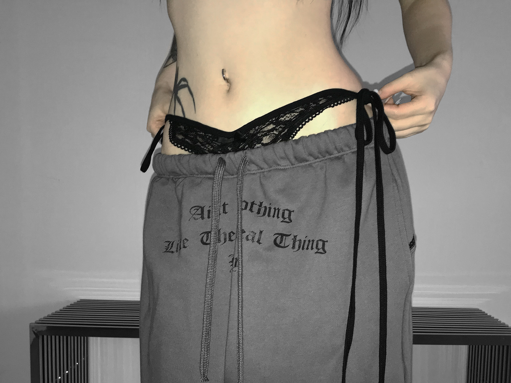 Layered Lace Waist Graphic Wide Leg Pants