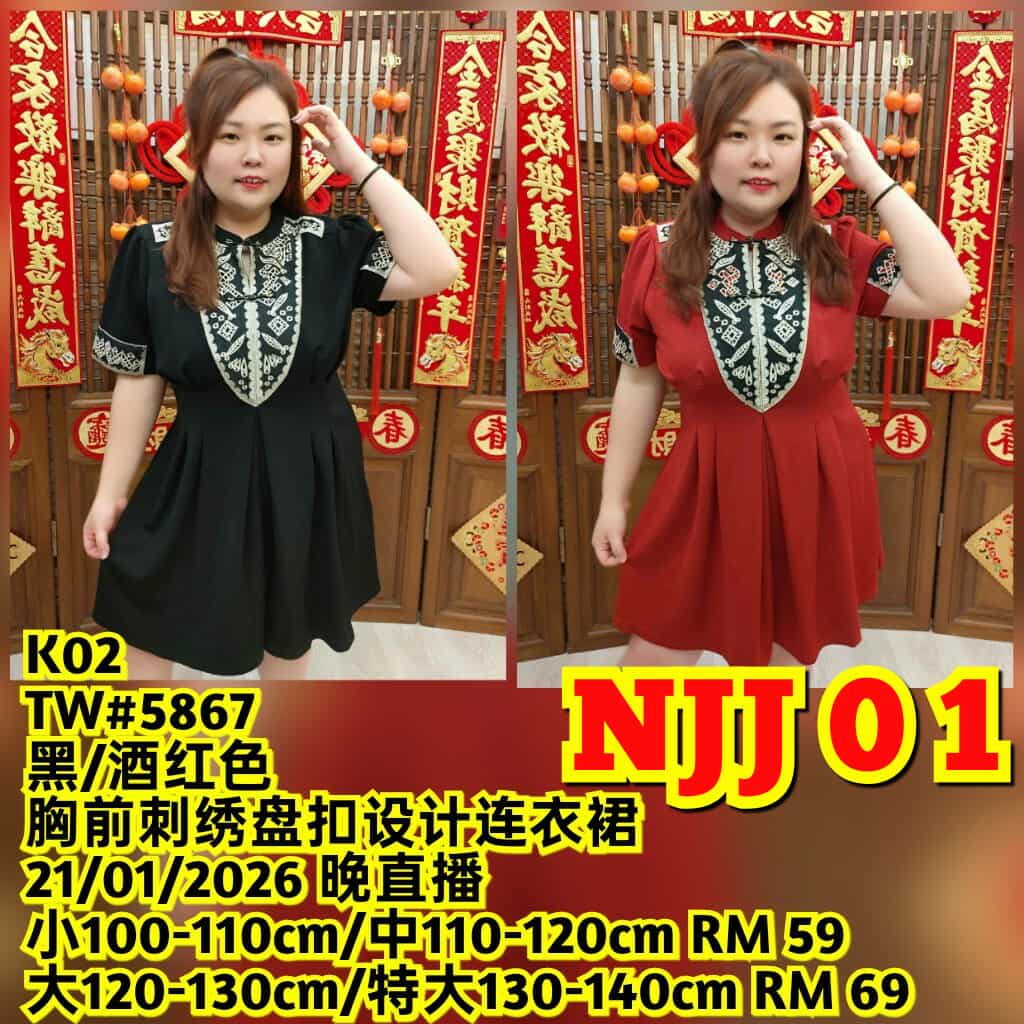 NJJ01 TW#5867 胸前刺绣盘扣设计连衣裙