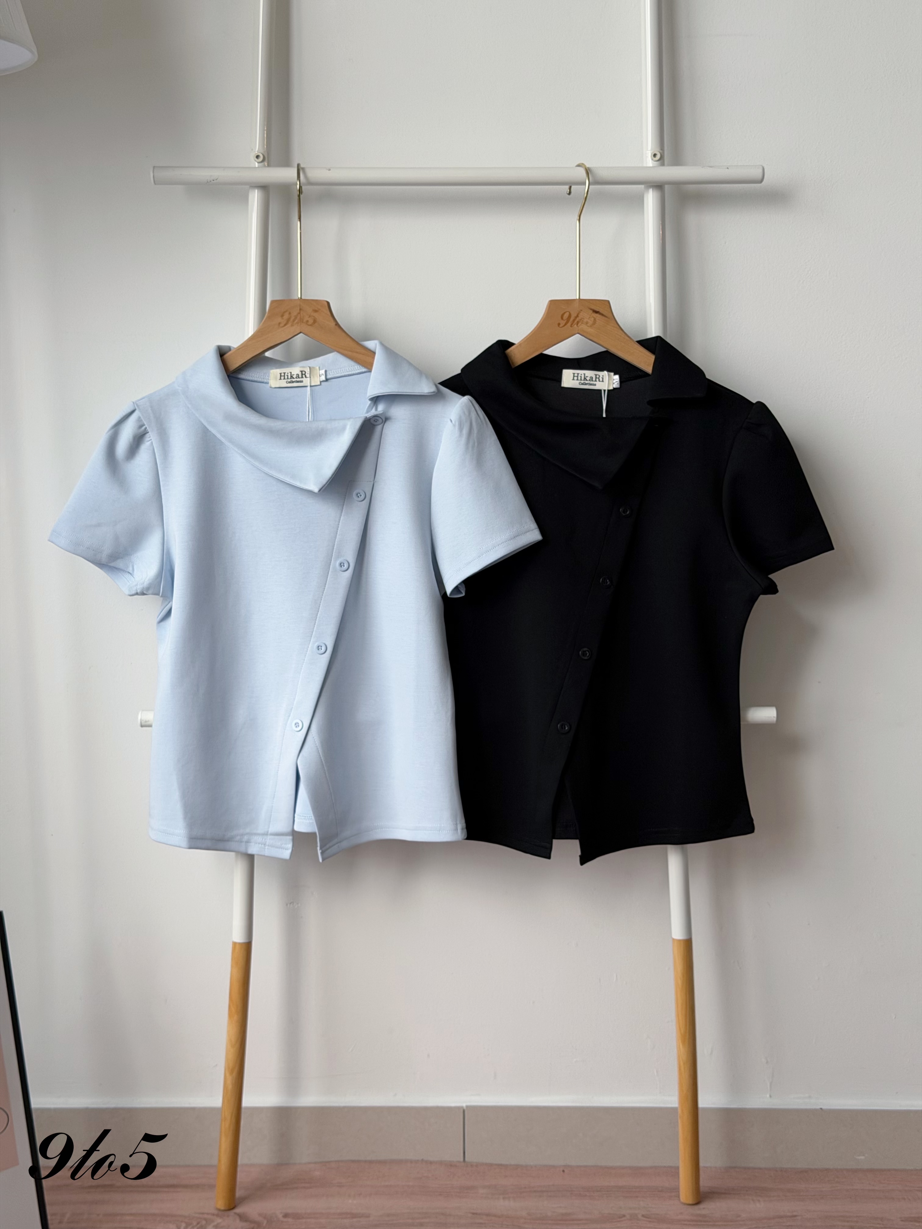 T4483 Irregular Collar Puff Sleeve Top - Black & Blue