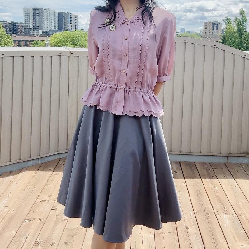 Vintage Japanese Plum Colour Cut-out Pattern Peplum Summer Blouse with Scallop Edge (MT2349)