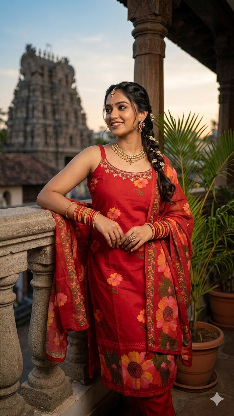 Red strap kurta set with embroidery 