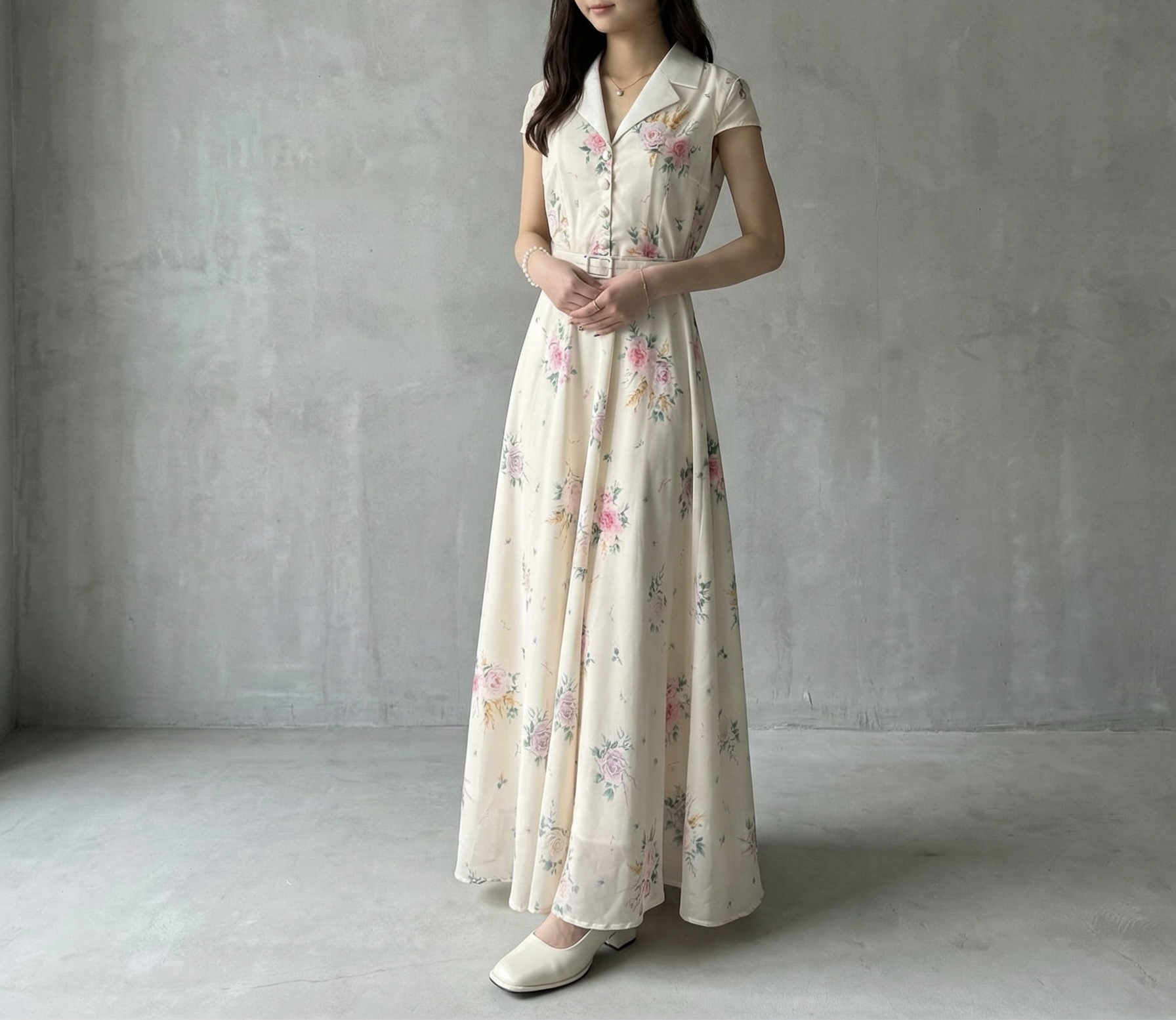 復古花卉領口連衣裙