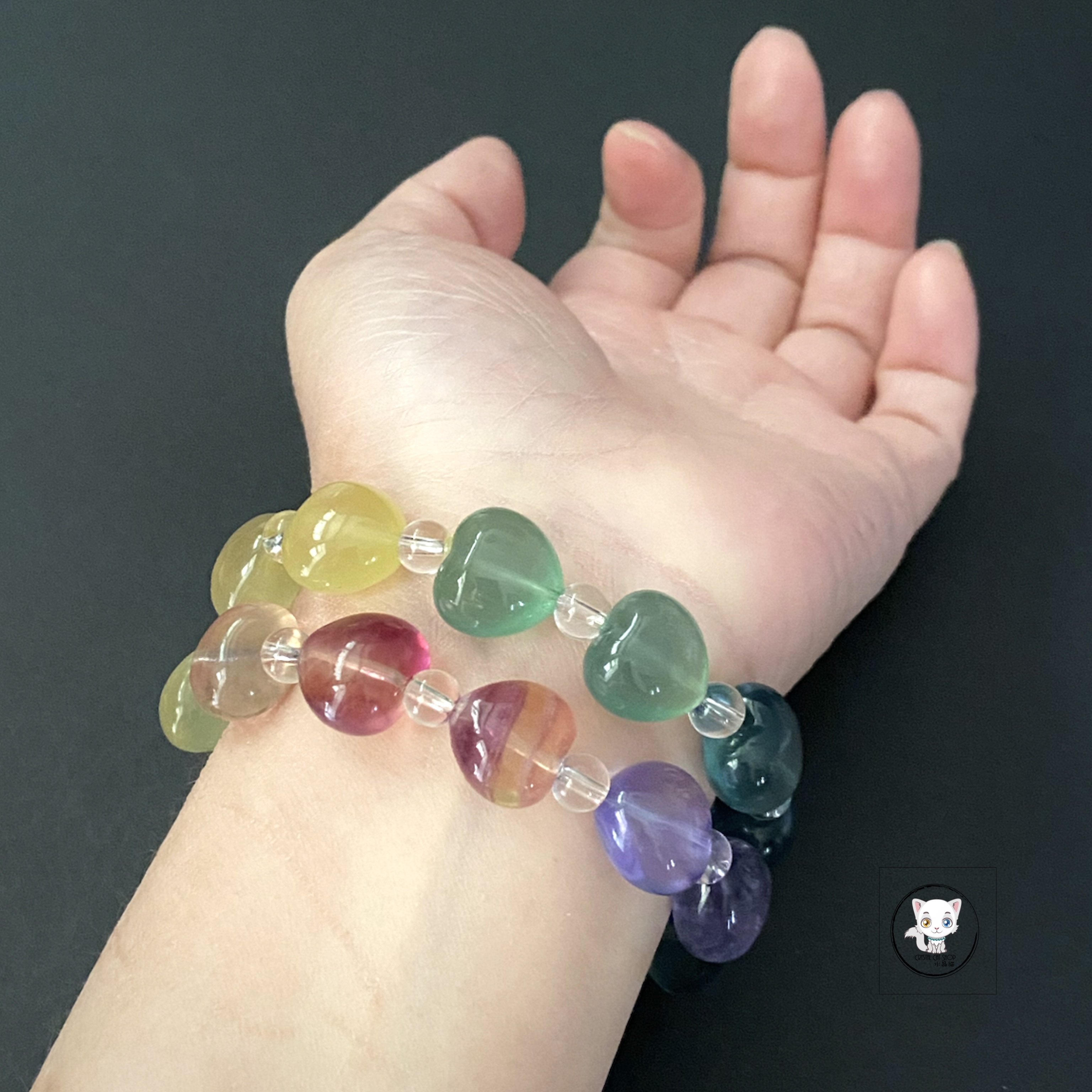 天然彩螢石愛心手鏈 14mm