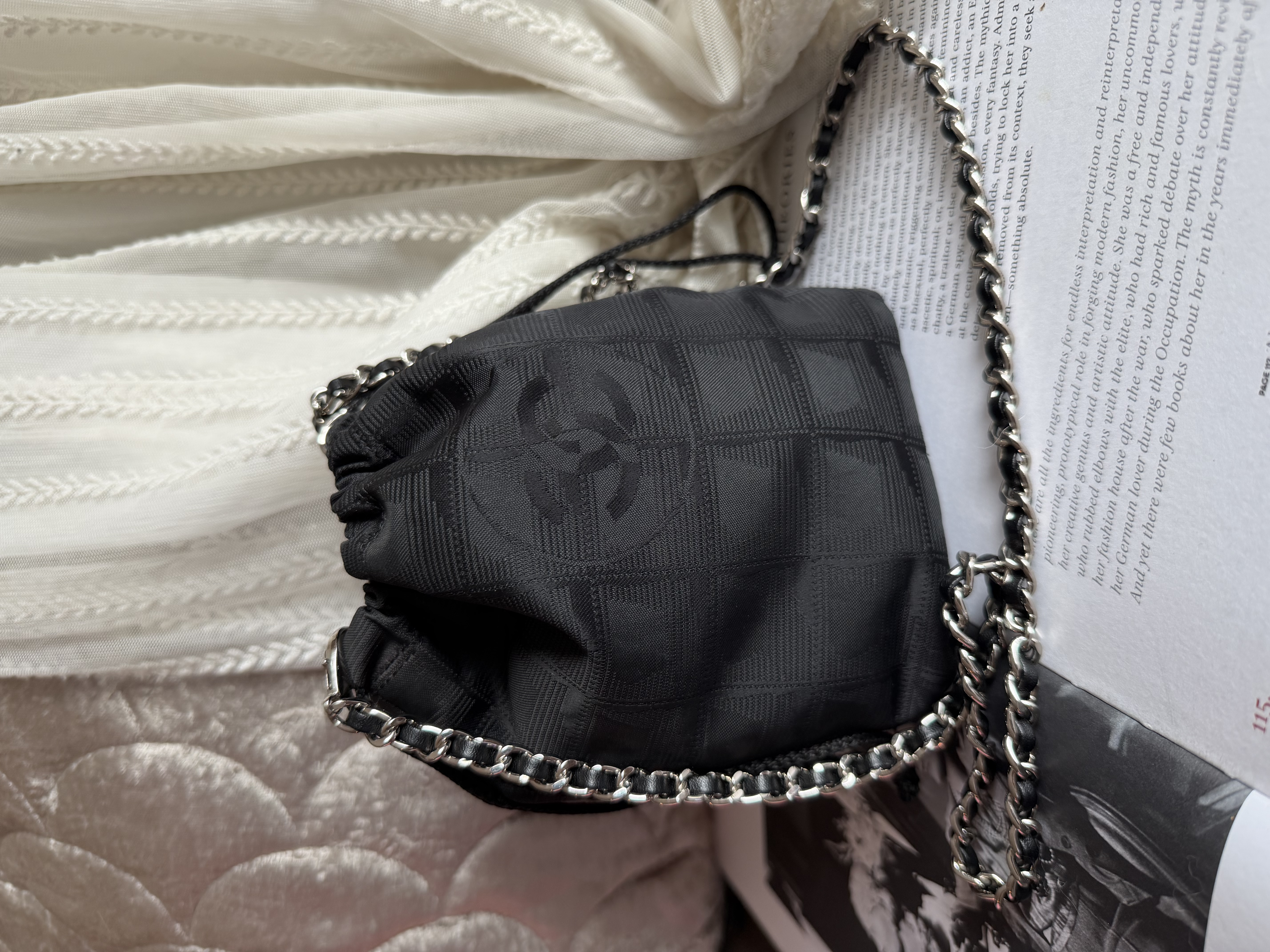 vintage chanel black drawstring vanity bag 