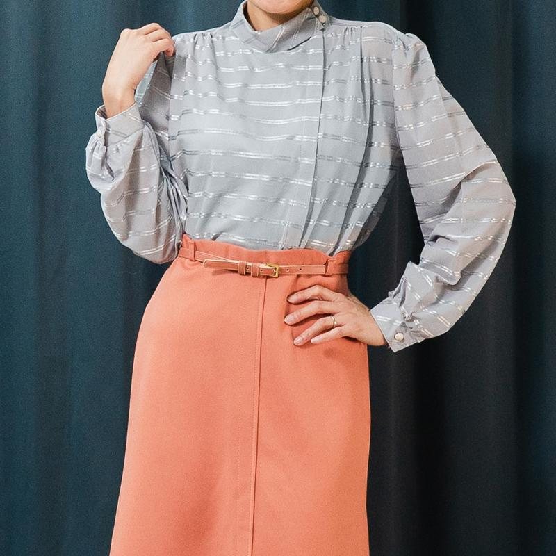 Vintage Light Grey Shiny Stripe Pattern High Collar Side Button Blouse Shirt (MT1606)