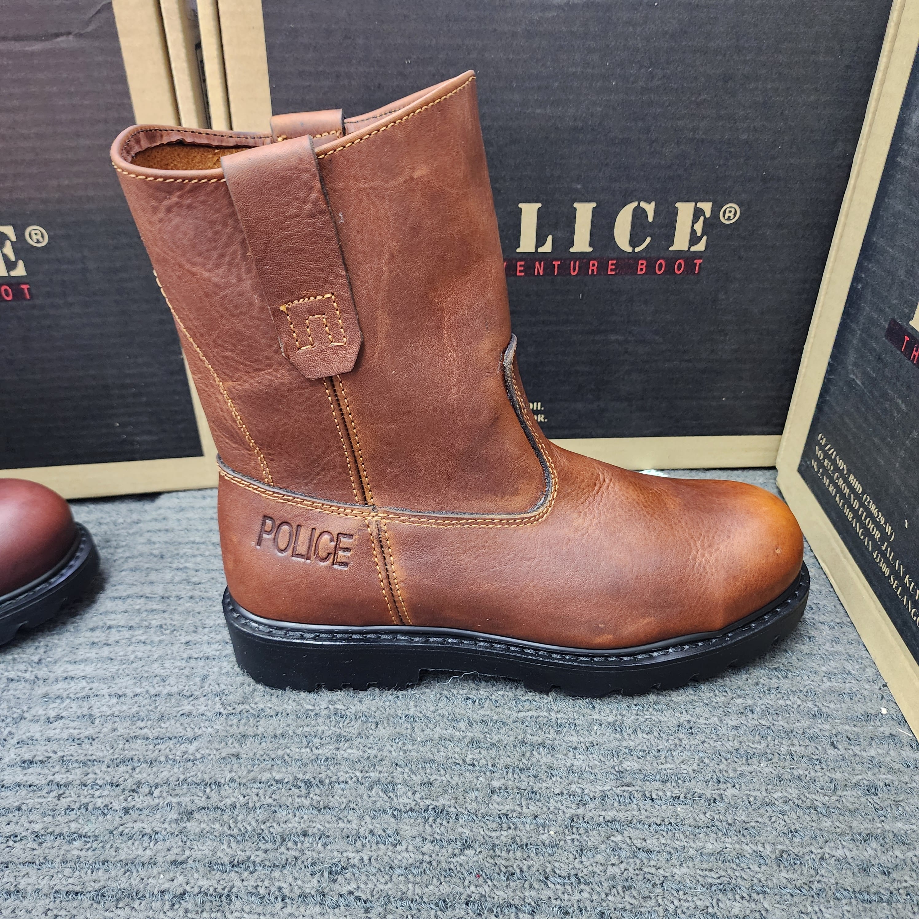 POLICE SAFETY SHOES 9123 HIGH CUT FULL LEATHER MAROON DARK MAROON BROWN BLACK GOODYEAR WELT SIRIM DOSH Kasut Keselamatan