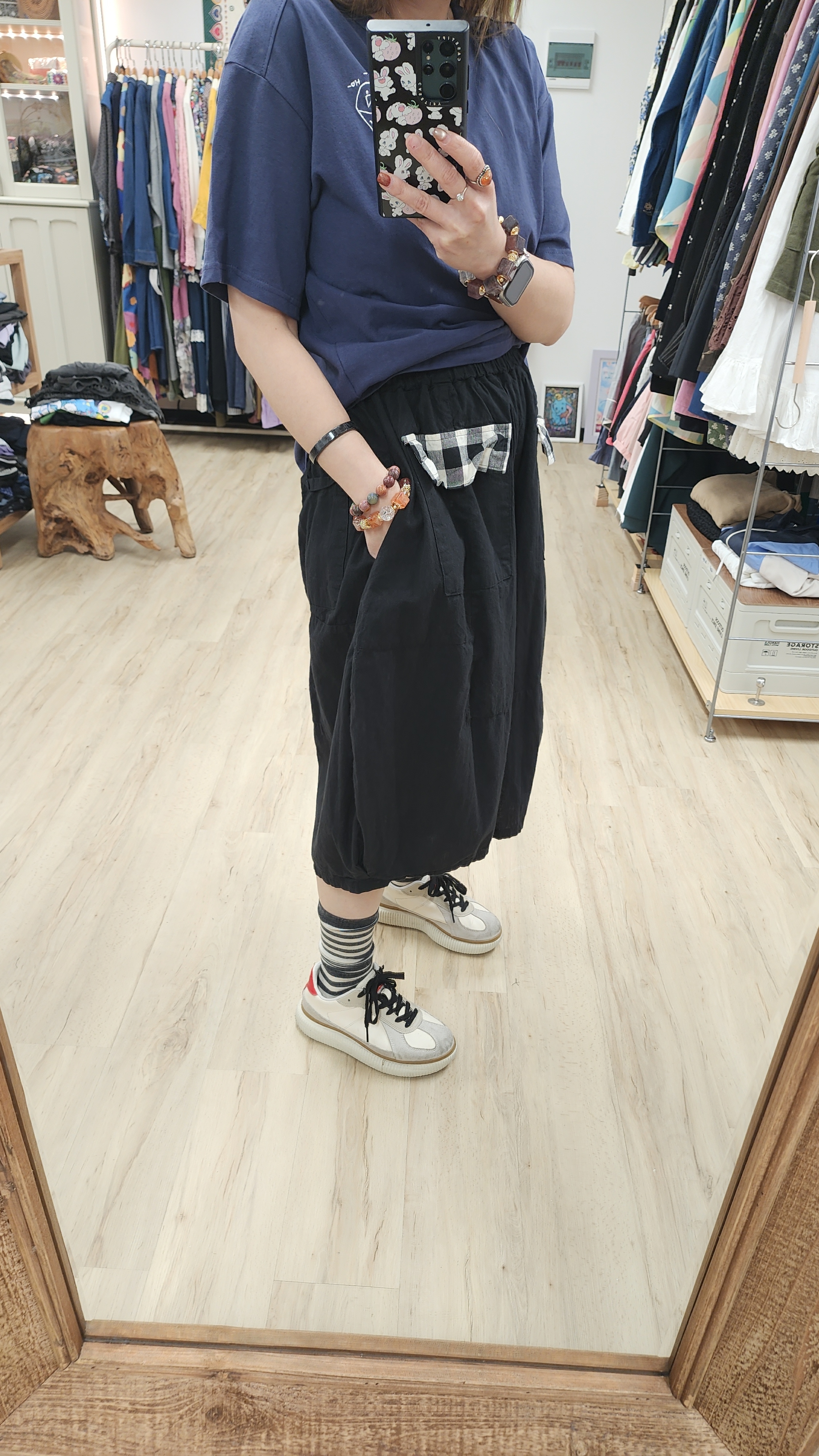 韓國黑拼暗車骨棉麻橡筋汽球短褲