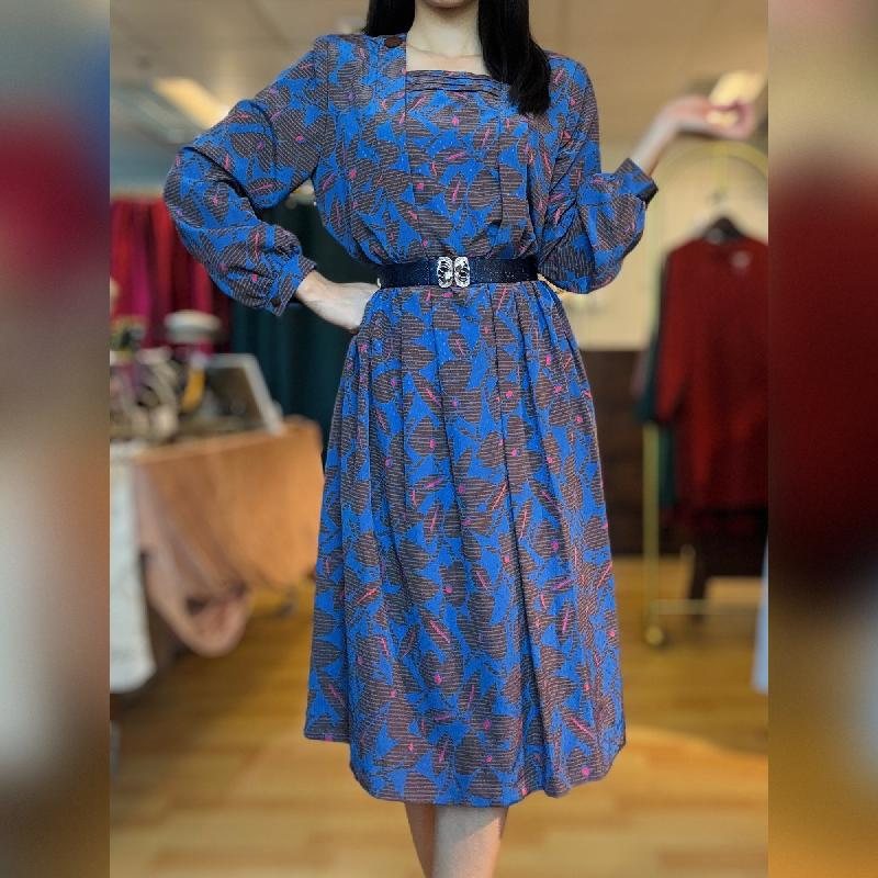 Vintage Japanese Royal Blue Leafy Pattern Day Dress (PP001-19)