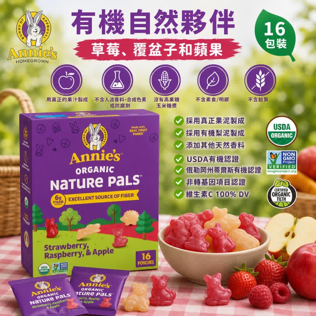 美國直送 Annie's Homegrown 有機自然夥伴草莓、覆盆子和蘋果16包
