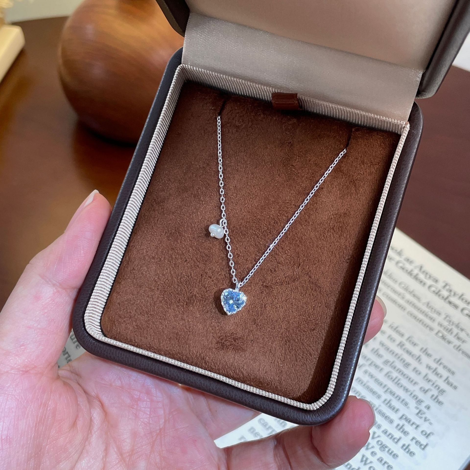 清新蓝锆爱心珍珠项链