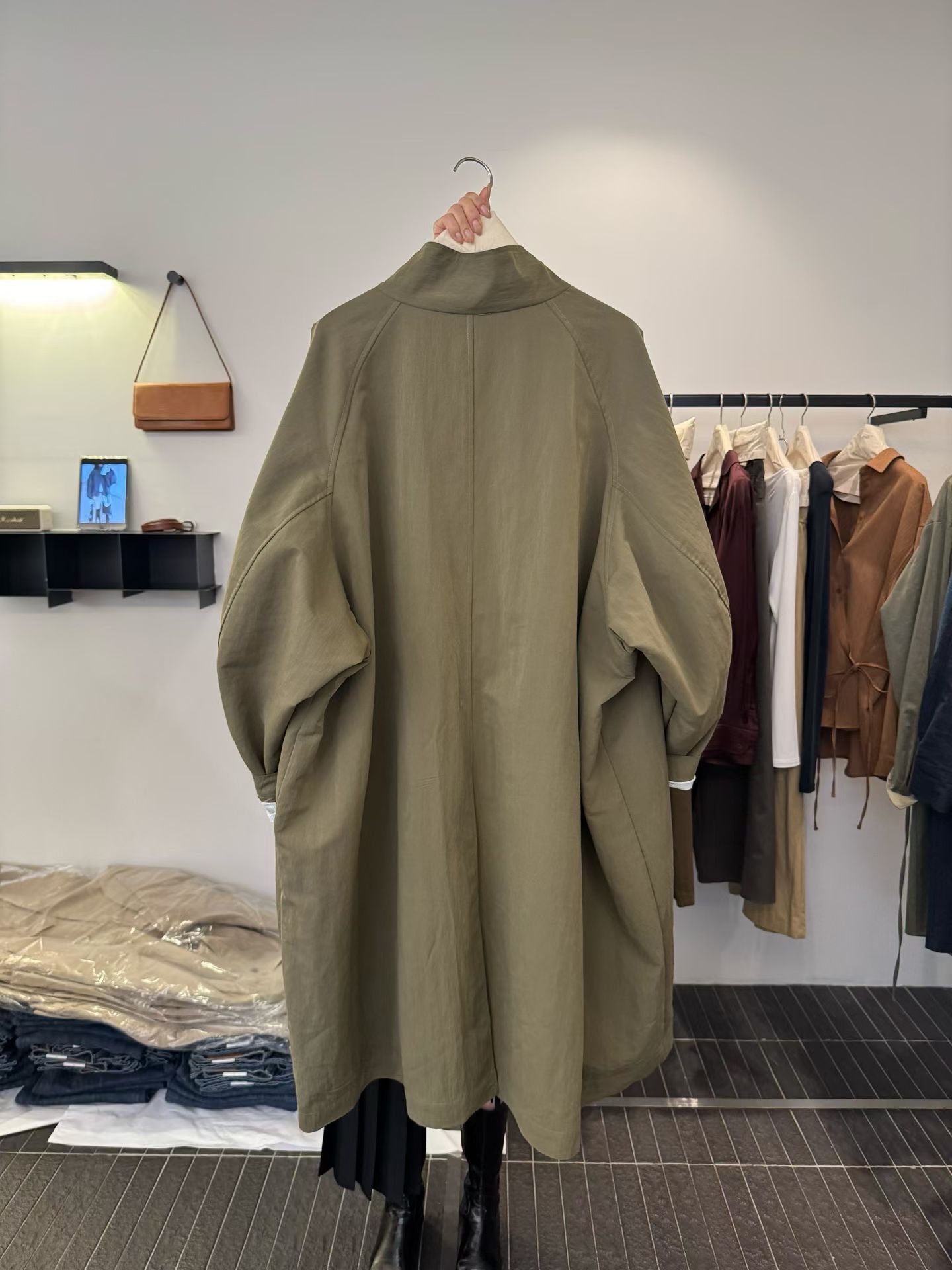 MILAE 韓系立領大口袋寬鬆微繭型長款大衣風衣
