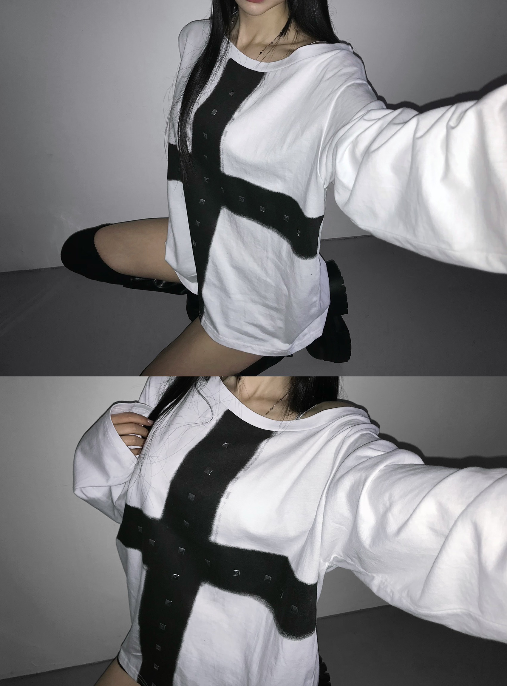 Off-Shoulder Cross Print Studded Long Sleeve