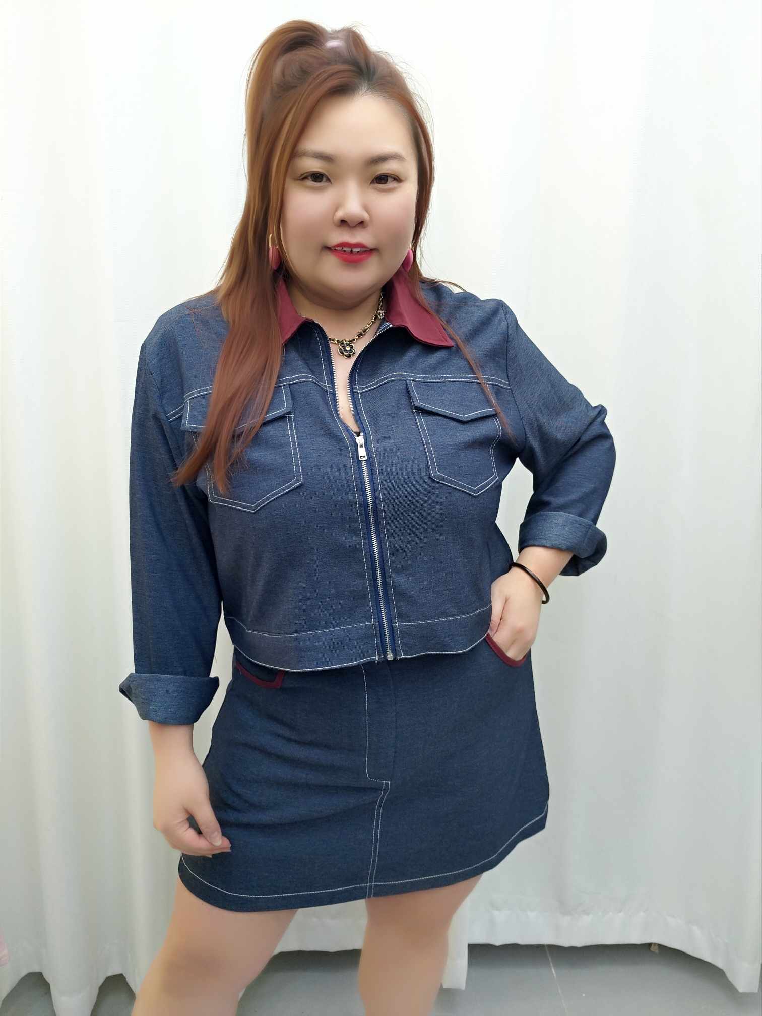 DDA06 8375(C2) 拼色长袖设计裤裙套装