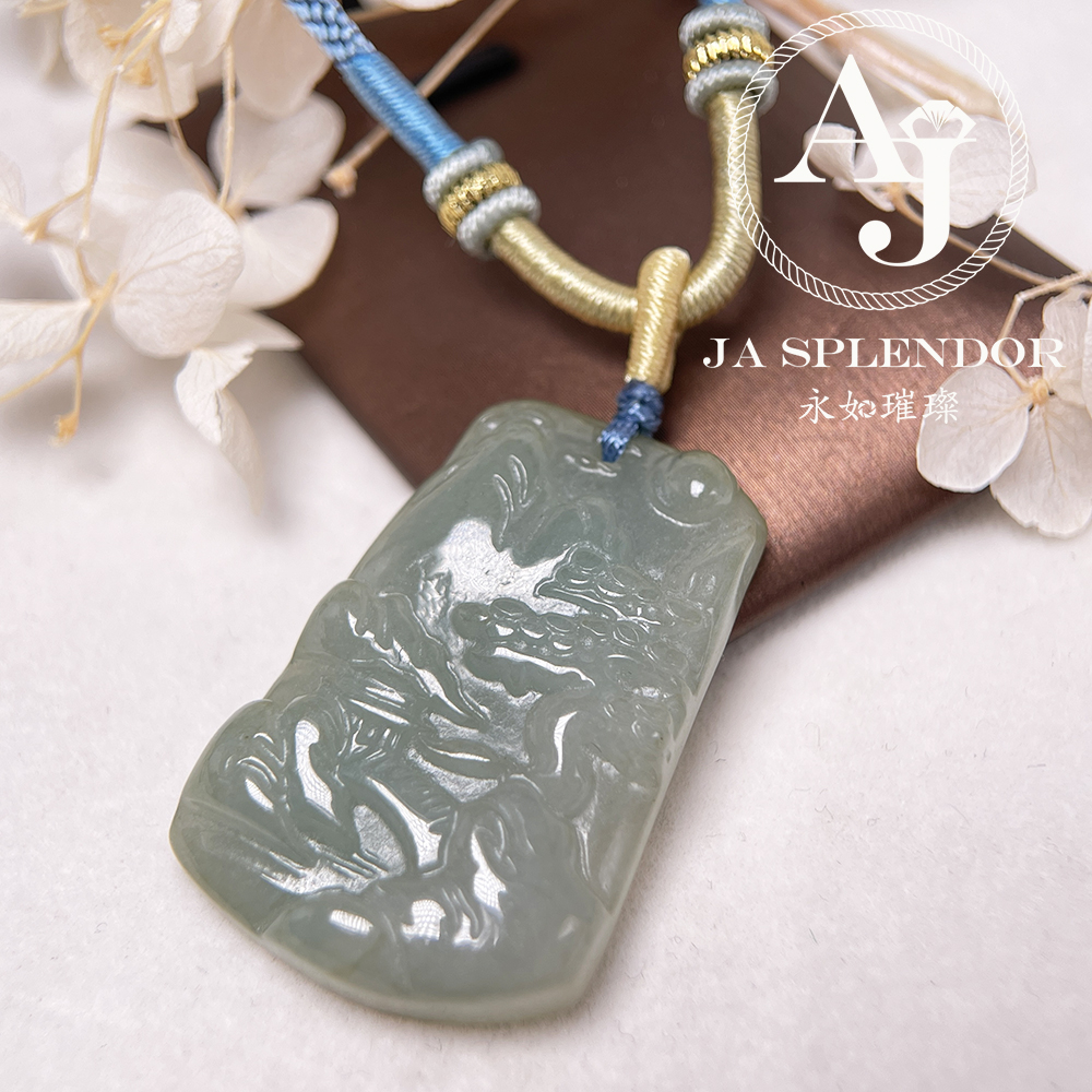 JN-1094 天然翡翠A玉 老料膠潤旺丁旺財山水牌吊墜