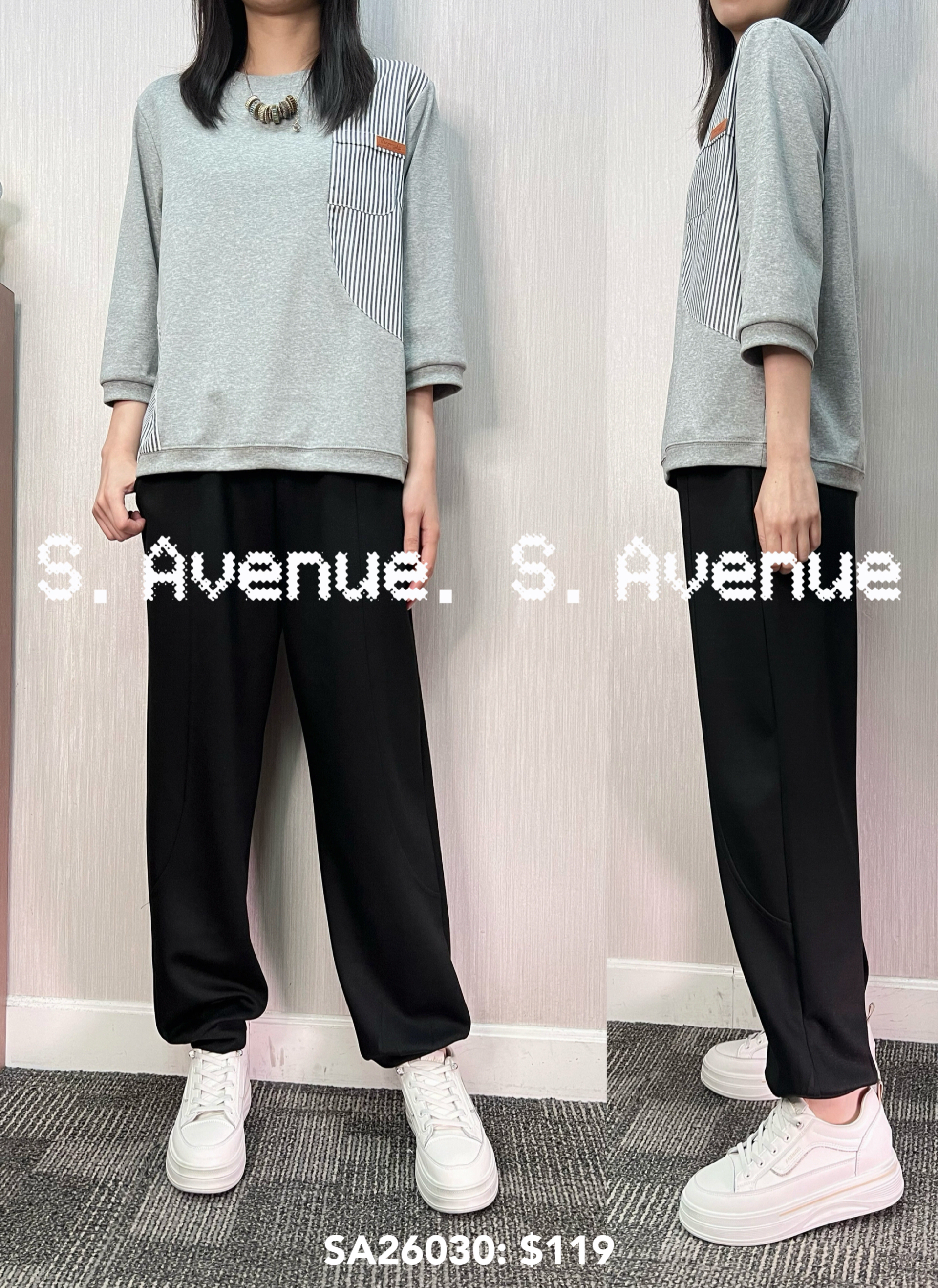 SA26030: 中袖拼直條簡約tee