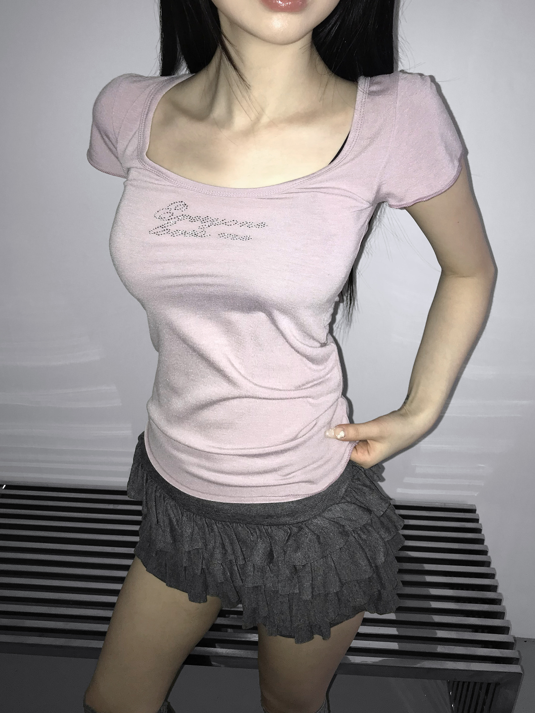 Rhinestone Lace-up Fitted Tee