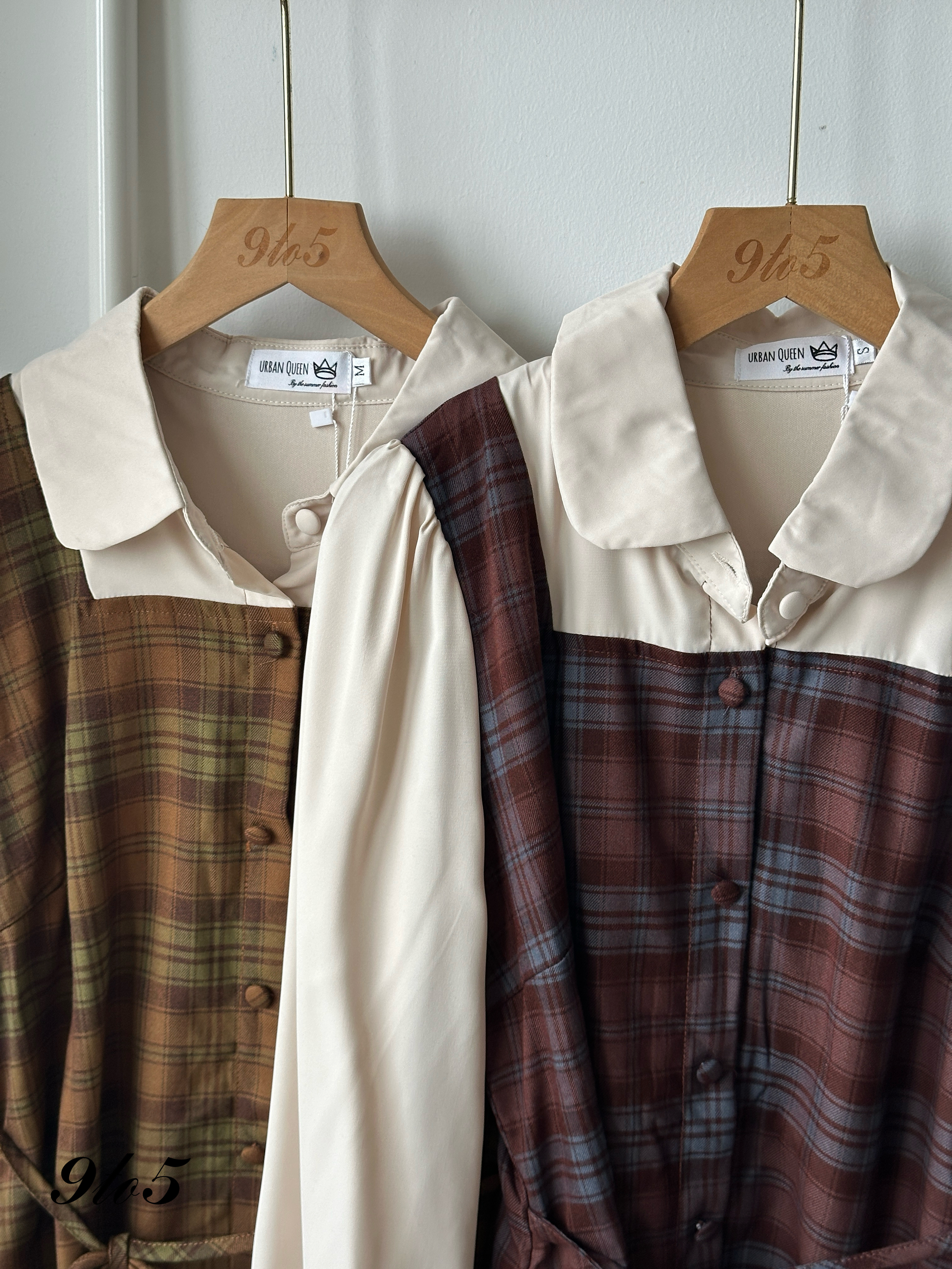 D2340 Fake Two-Piece Checker Dress - Chesnut & Olive