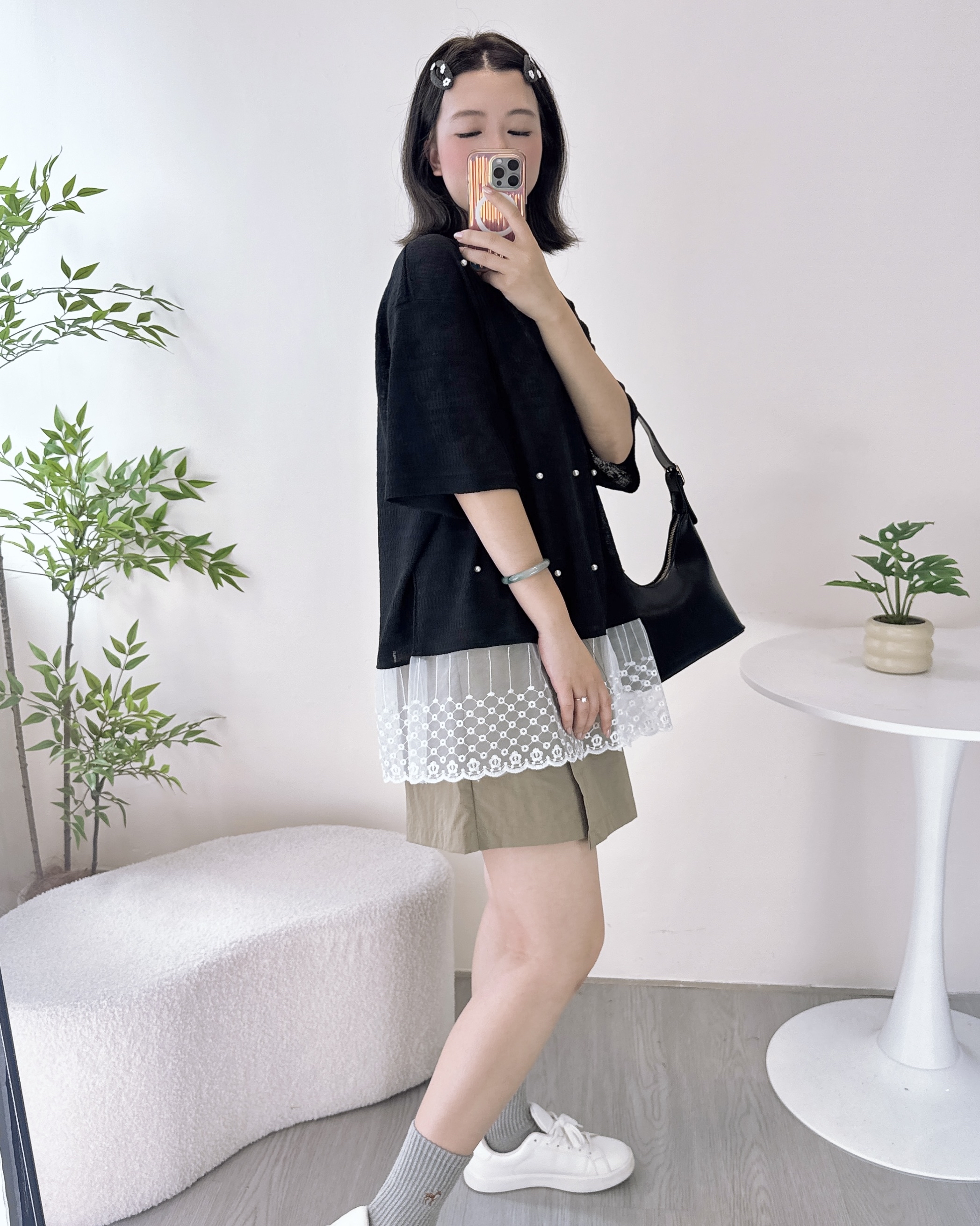 鑲珍珠針織混紗寬鬆上衣 2色