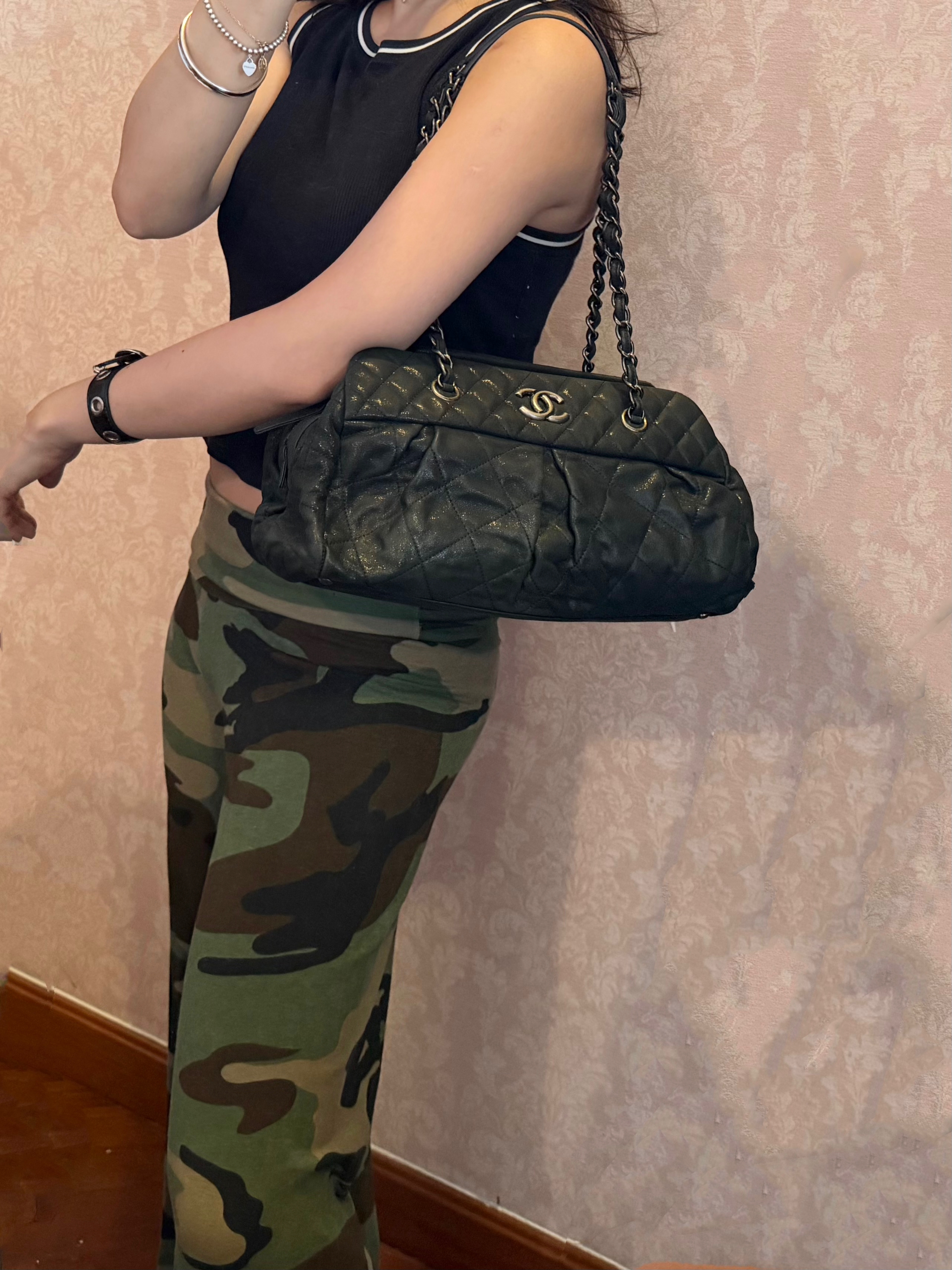 chanel bowling dark grey east west chain bag