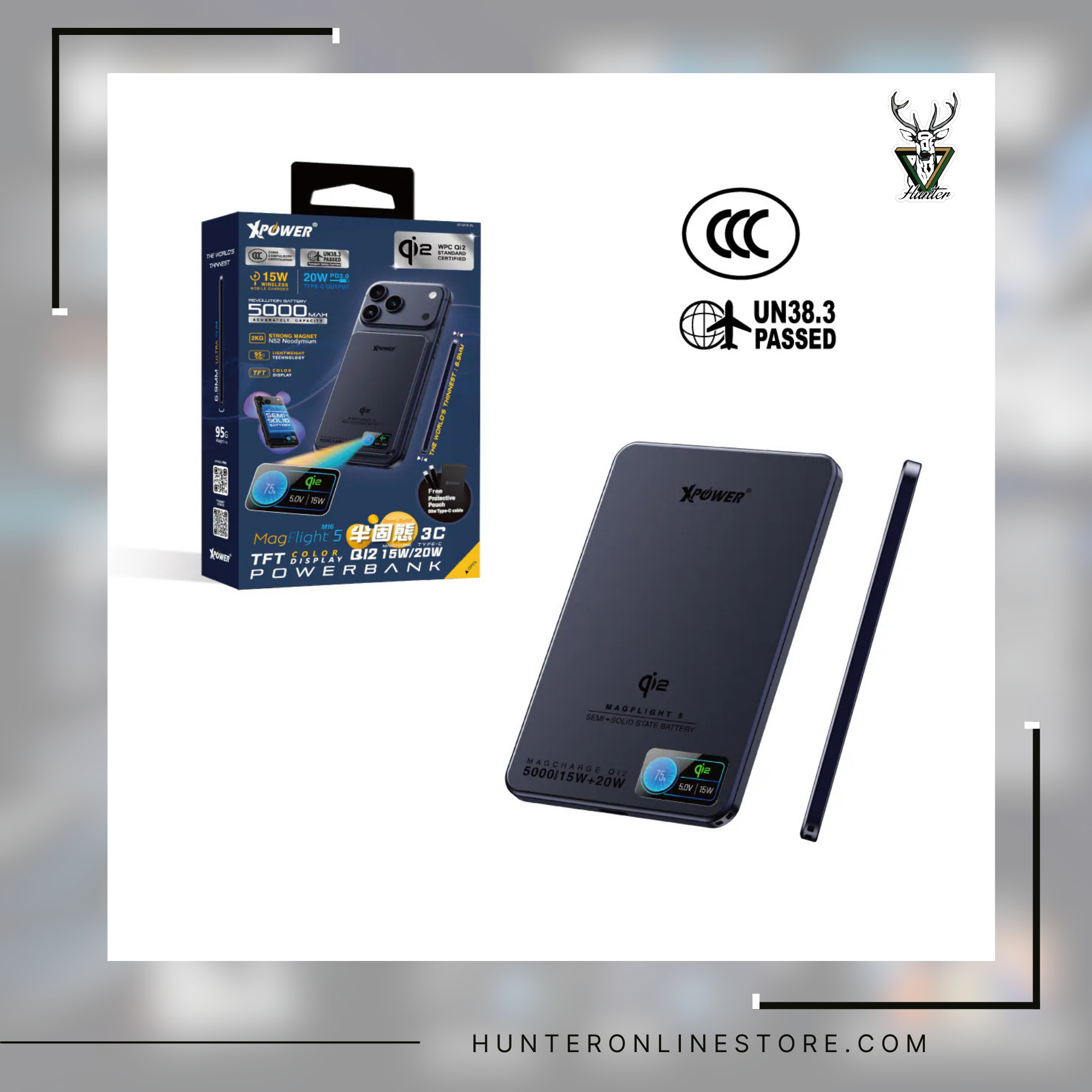 XPower MagFlight5 M16 鋁合金半固態TFT彩屏顯示 QI2 15W/20W 5000mAh 磁吸行動電源 Power bank - Black 黑色 (M16-BK) | Blue 藍色(M16-BL)