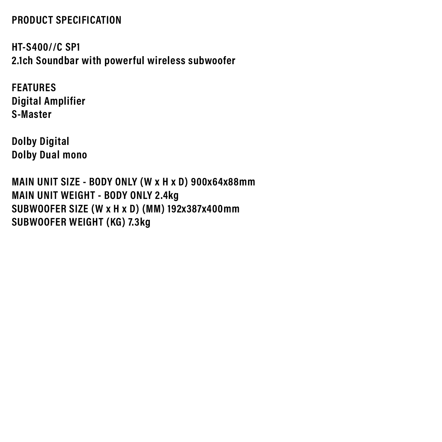 Sony 2.1ch Soundbar with Wireless Subwoofer (HT-S400)