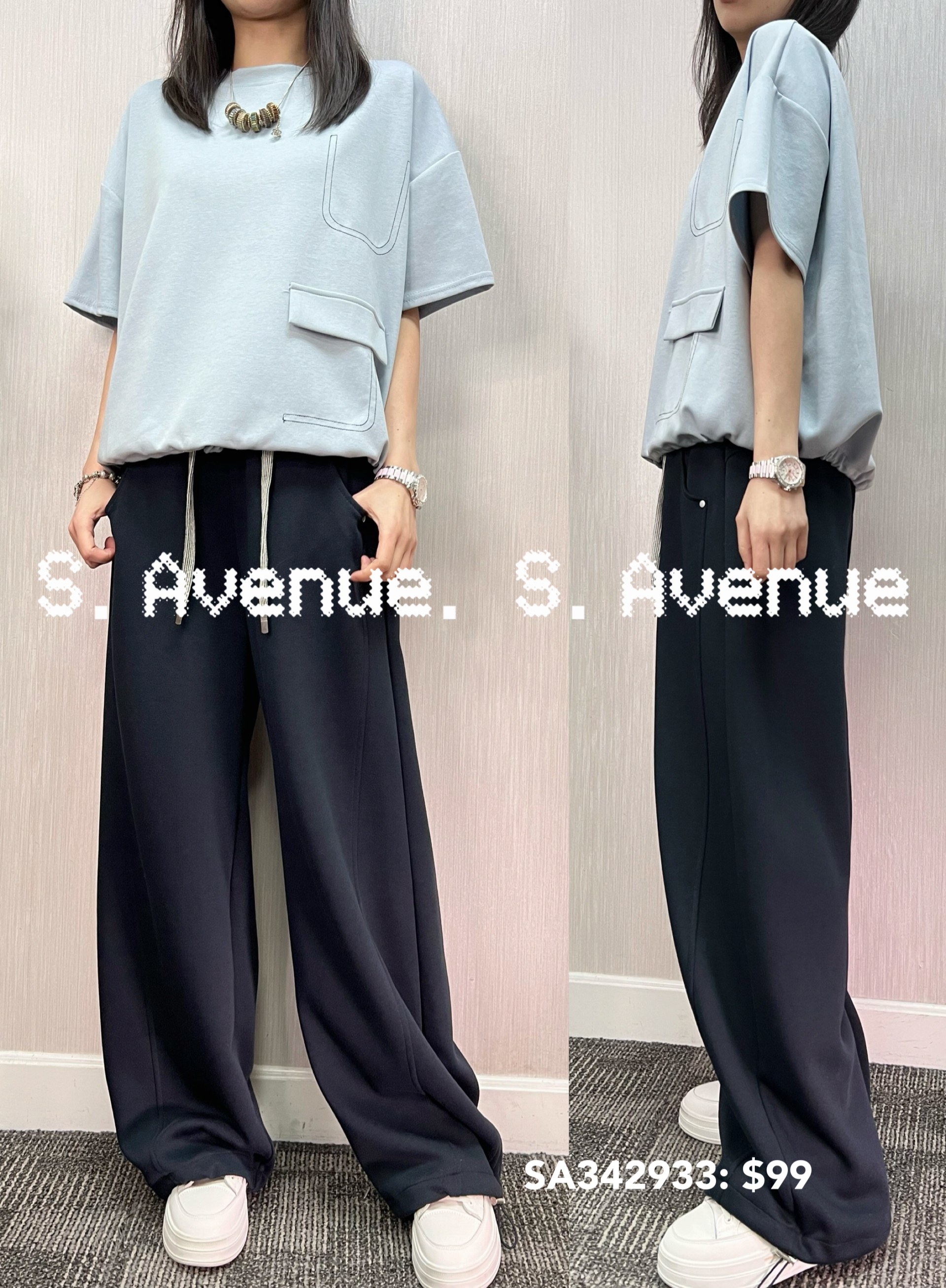 SA342933: 短袖一個方袋束腳鬆身tee