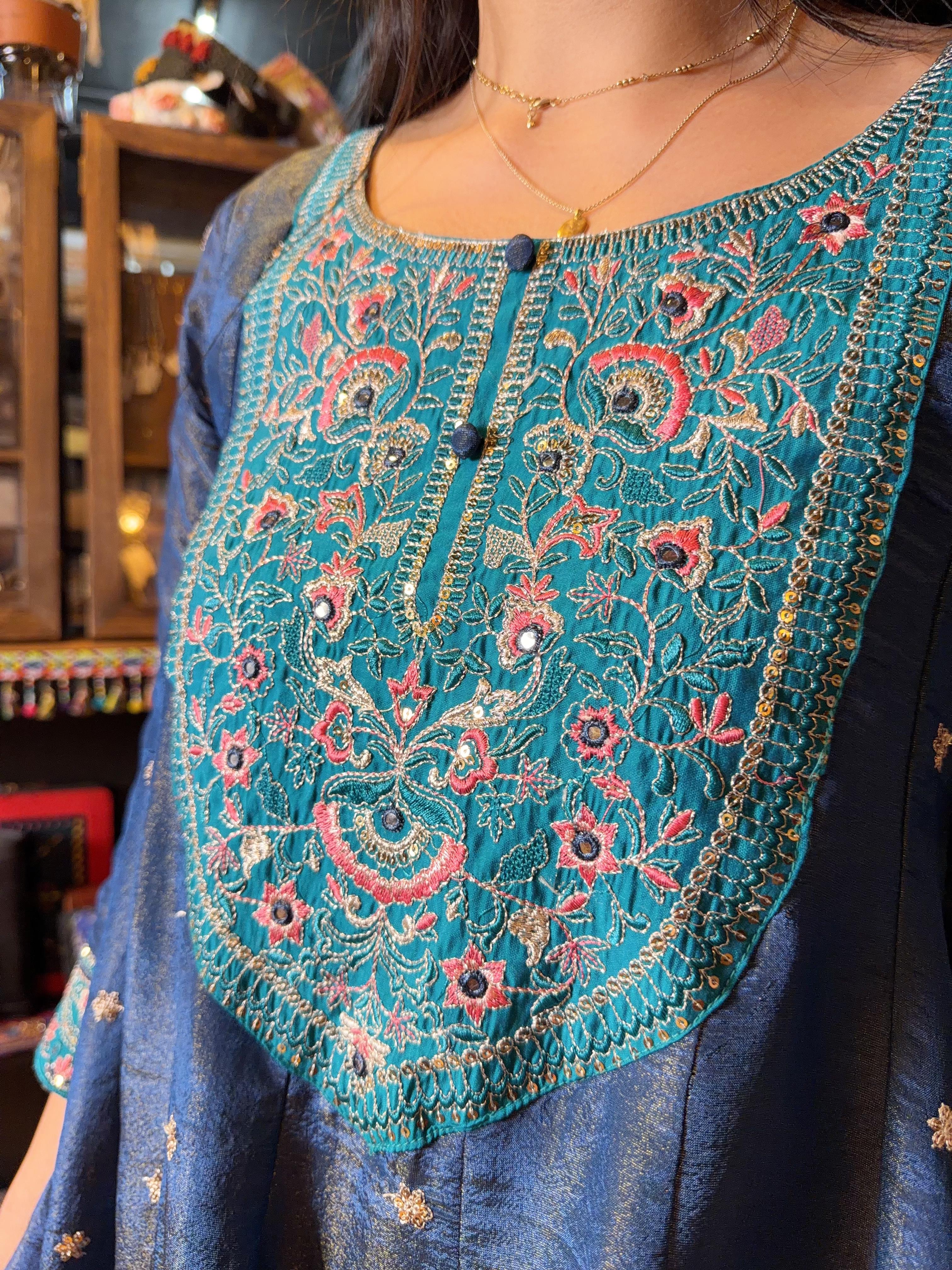 Navy Blue Emb.Silky Round Neck with wavy edge OP #1149