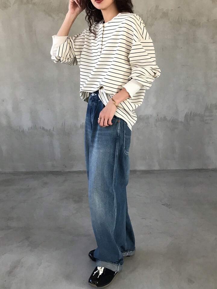 條紋亨利領寬鬆上衣