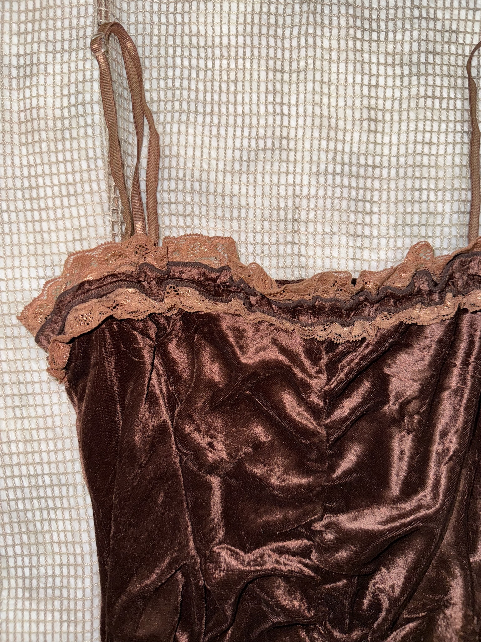 Vintage Chocolate Velvet Top with Caramel Lace Trim