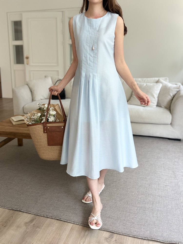 Linen Pintuck Dress (Blue)