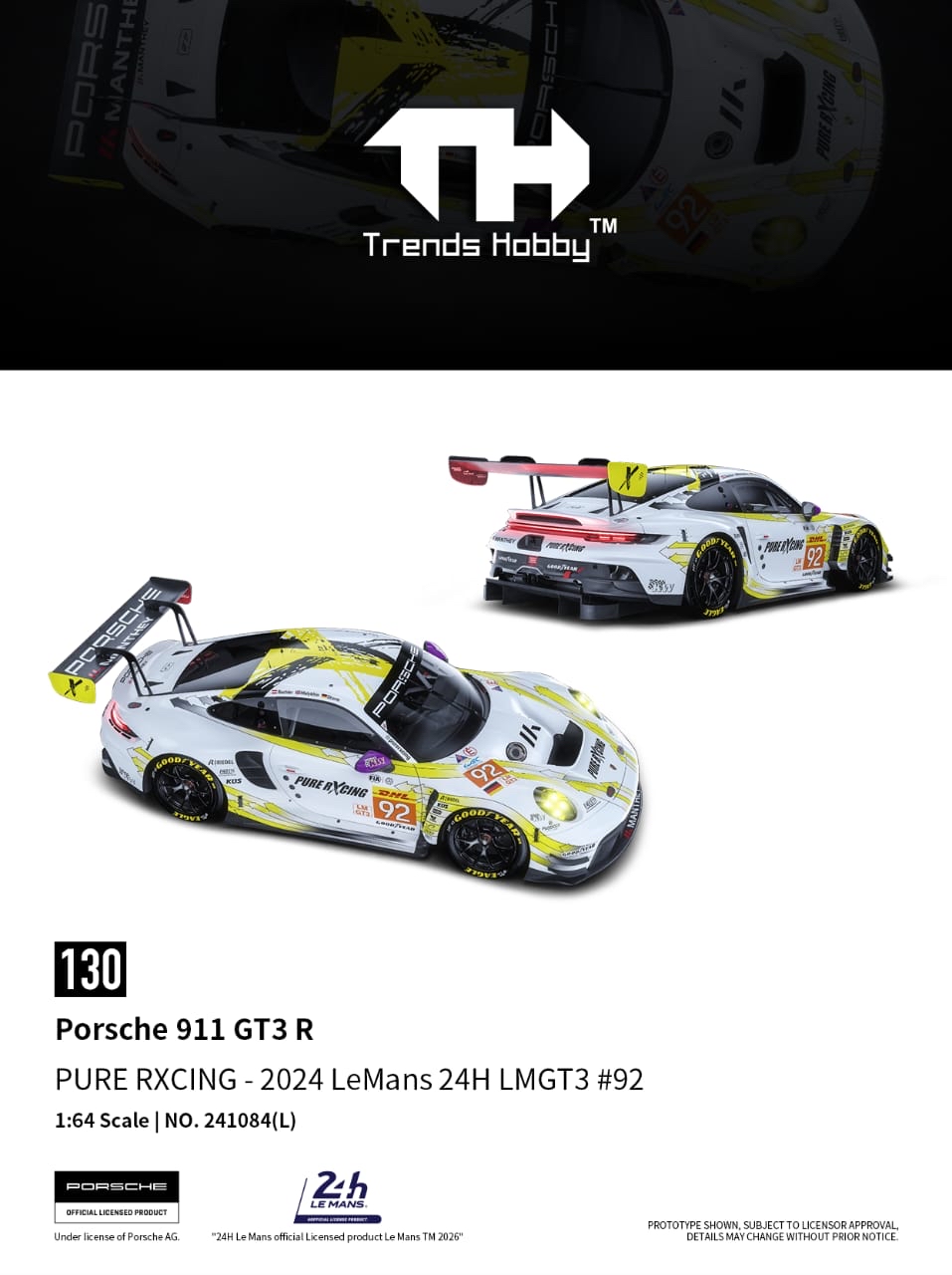 (預訂 Pre Order) Trends Hobby (241084-L) 1:64 Porsche 911 GT3 R- LeMans 24H 2024 #92