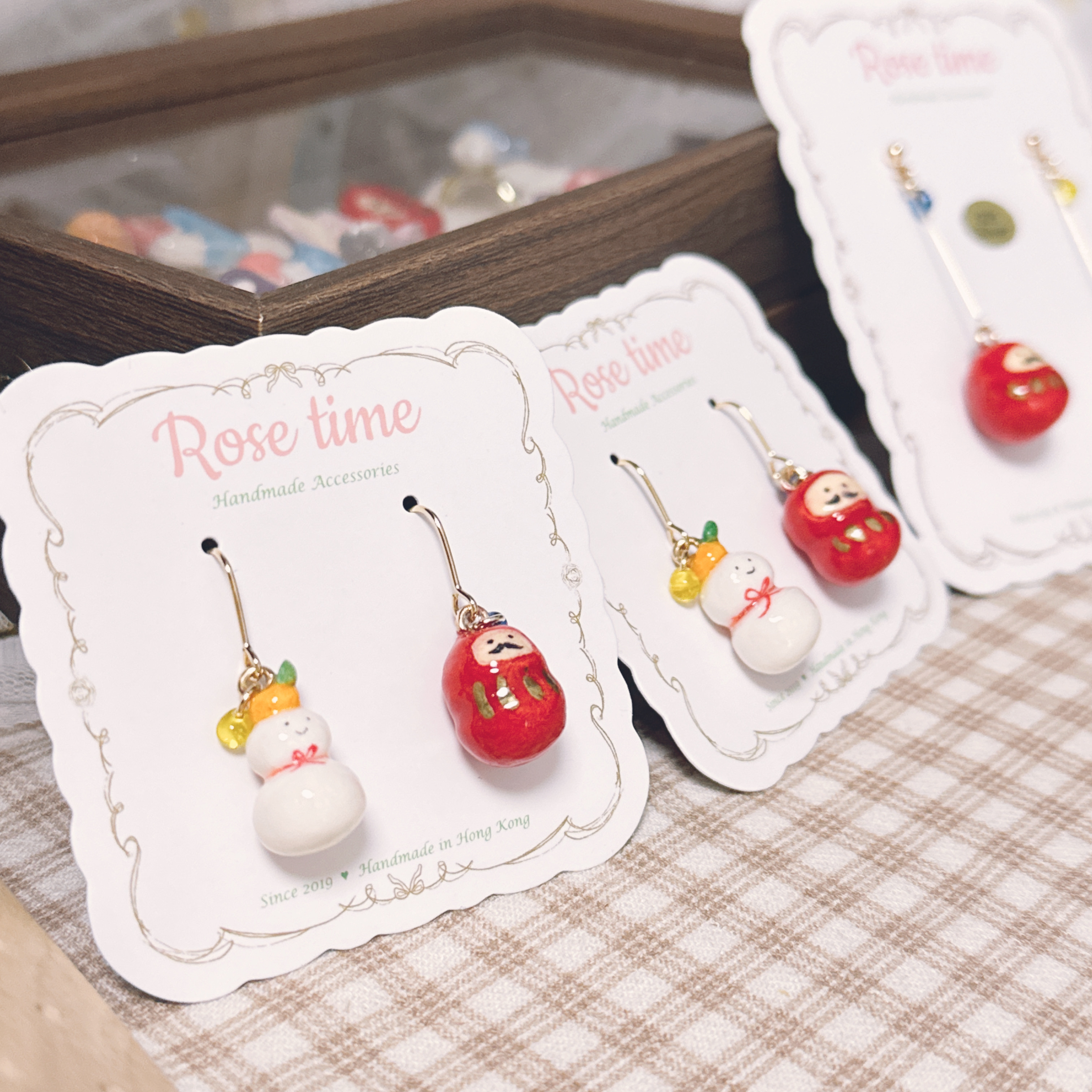 手繪 和風雪餅/年糕 胖達摩耳環 長短款