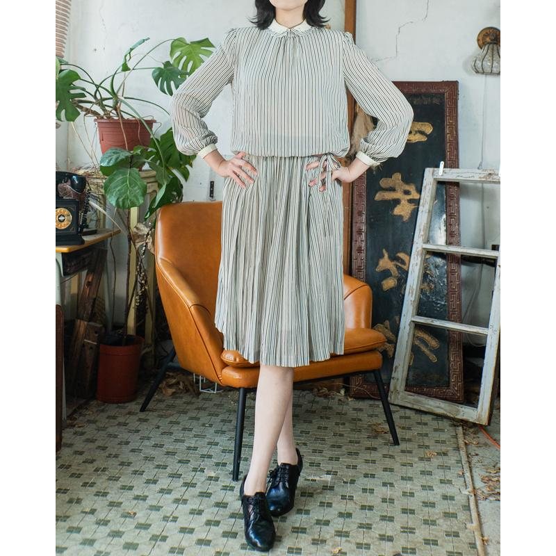 Vintage Japanese Double Collar Striped Pattern Faux Twin Set Day Dress (MT1608-154)