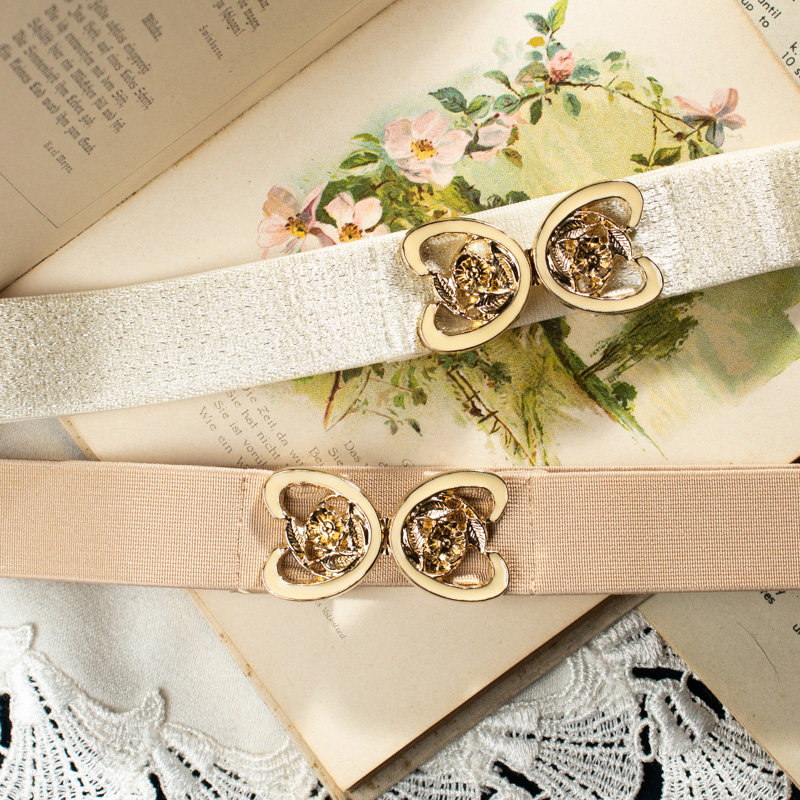 Vintage Japanese Hearty Rose Belt Buckle with Sparkly Elastic Belt (E015 Beige x K005)