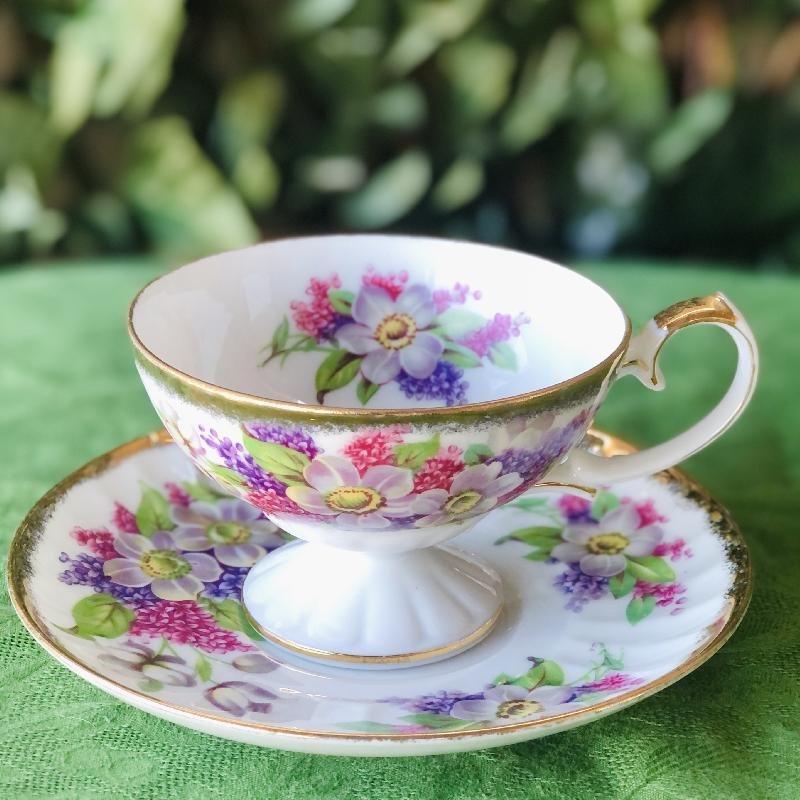 C.a. 1950-60s Japanese Shafford Hand Decorated Pink & Purple Footed Tea Set Duo (MT1682)