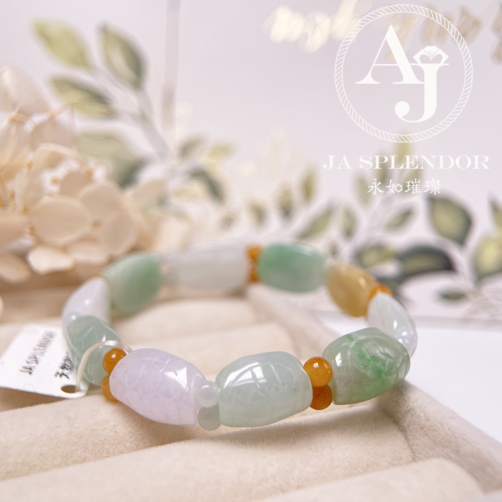 OF-06-A 天然翡翠A玉 - 冰潤三彩長壽吉祥龜貝手串