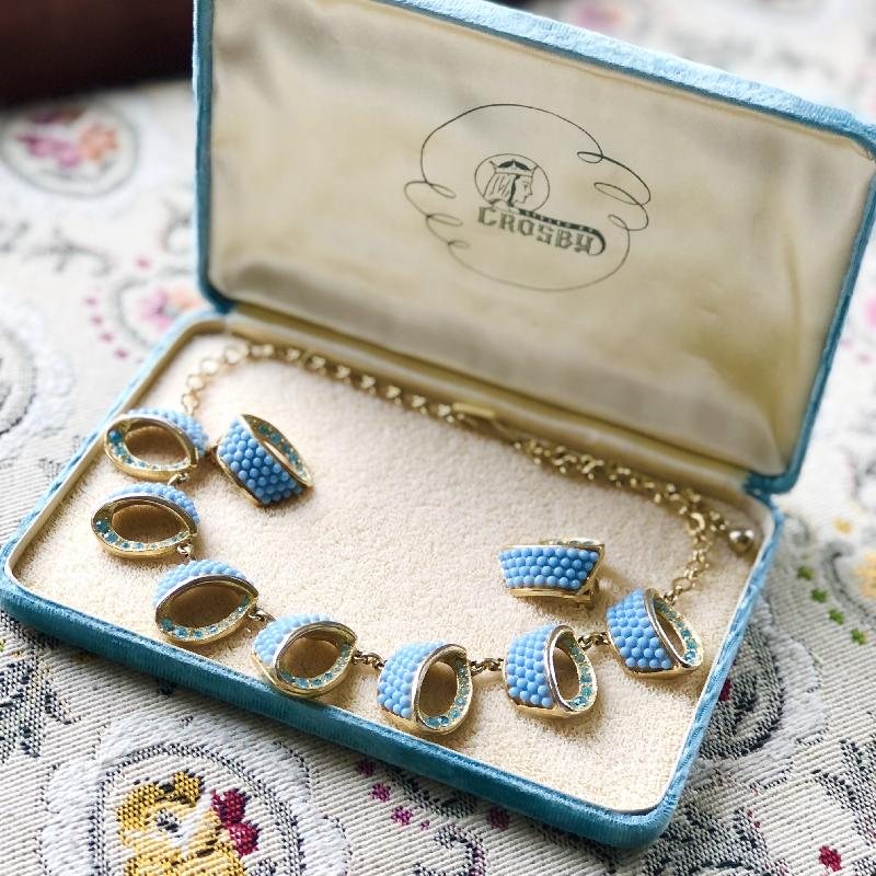Vintage 1950-60s Styled by Crosby Baby Blue Rhinestone and Bead Necklace with Earrings Jewelry Set in Original Velvet Box(MT1730)