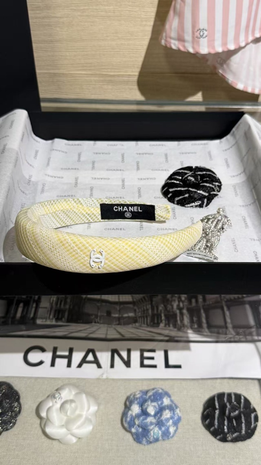 【原單】CHANEL 布藝蕾絲格紋發箍 連禮盒