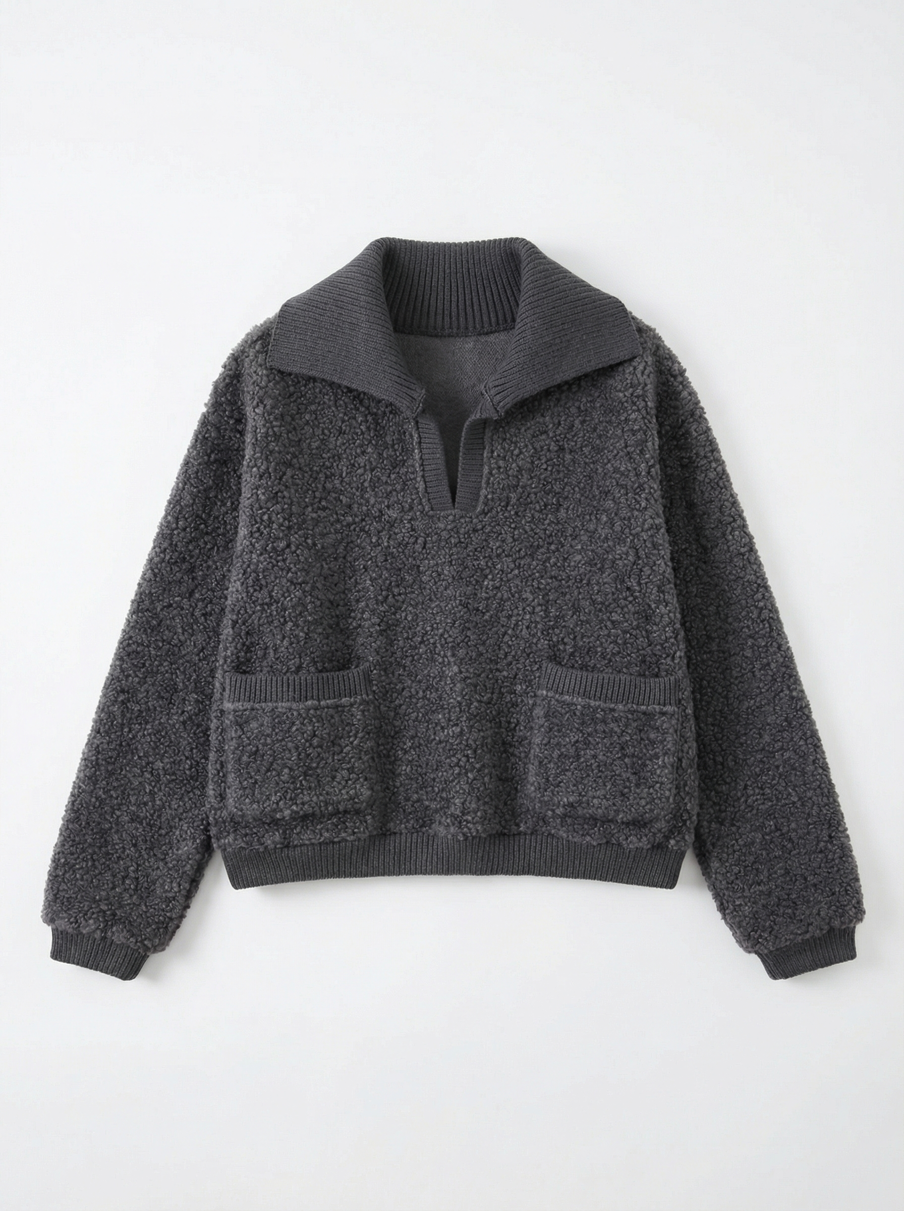 灰色/米白毛絨短版立領開衫