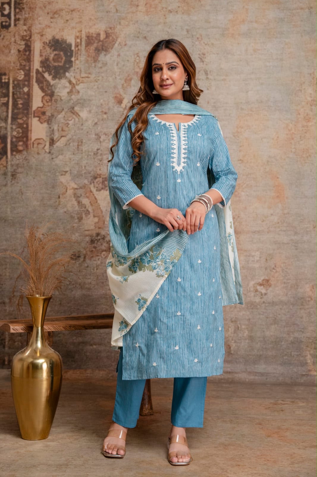 Blue Striped Embroidered Kurta Set