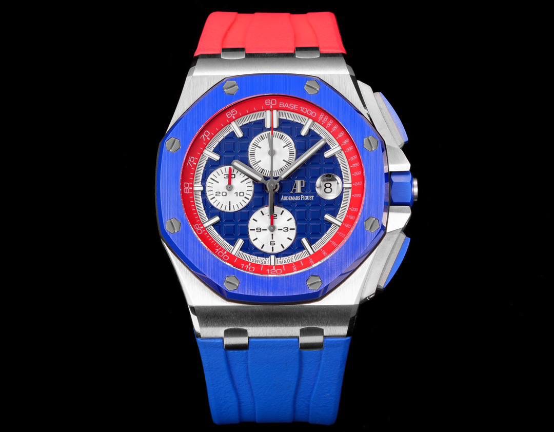 🚀皇家橡树离岸型26400/26238/26470系列正式登场！款式最全，做工最好的爱彼计时款腕表来了，有做工好的顶级货😍💯廉价的小厂货就别去考虑了！ 1，机芯采用12位小秒的定制版3126计时机芯，完美还原原版所有功能。经过精密打磨，大大加强了其稳定性。 2，其中碳纤维系列表壳采用全新碳纤维复合材料——「Carbon TPT® B.4」打造，这种高科技材料比常规 Carbon TPT® 密度提高4%，纤维硬度提升15%，树脂强度提升30%，材料结构经过各项异性优化，保持轻盈同时无比坚韧，提供迄今最强的抗冲击性能。 3，字面颜色均采用目前最先进电镀技术，非几年前的简单喷漆技术。每一个巧克力格纹装饰，通过CNC级别打磨，无限接近原版。 4，同步原版搭载微微活动头粒，胶带采用进口氟橡胶材质，皮带采用美洲鳄鱼皮材质，更加耐磨耐造。