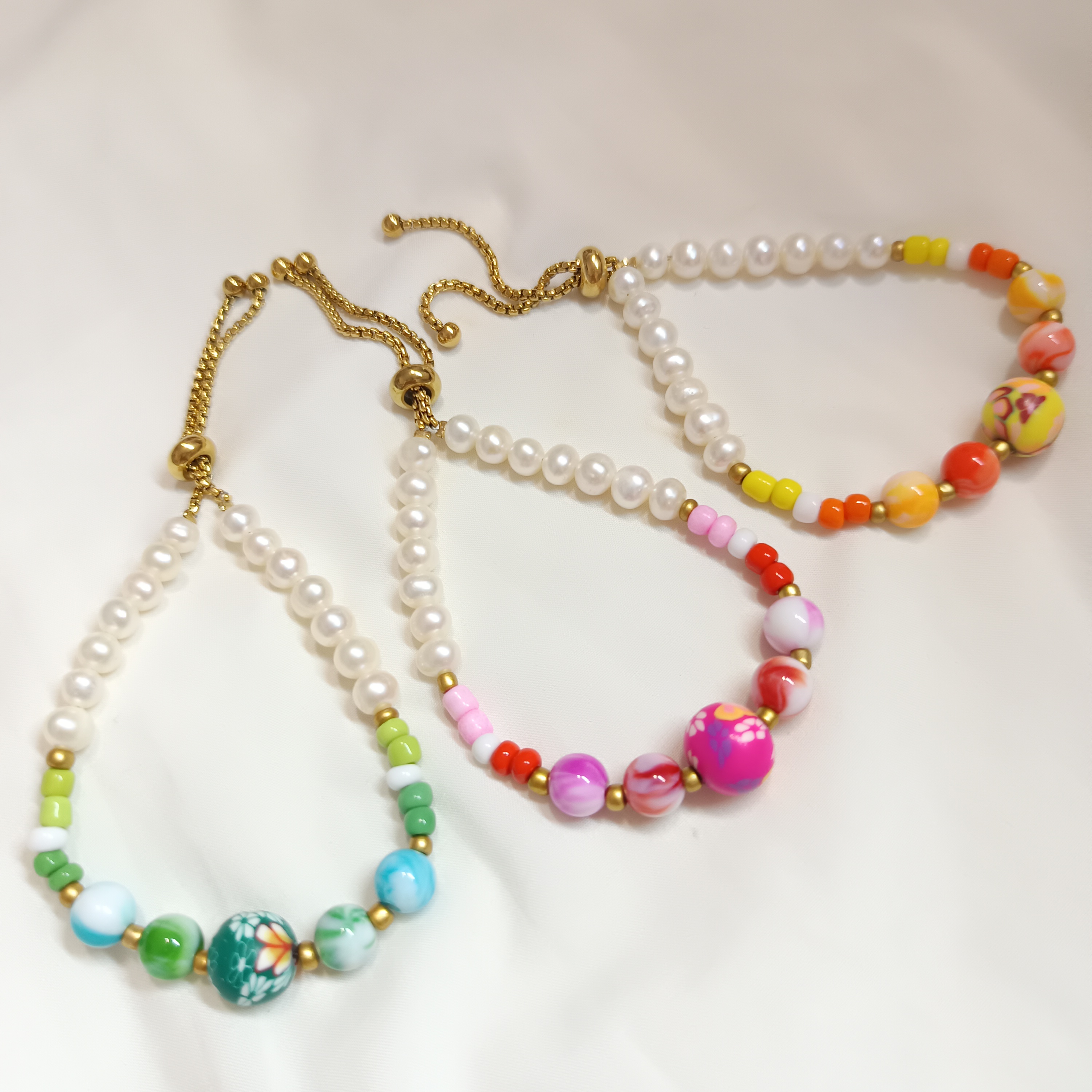 日式壓克力水彩花球珠+精品淡水珍珠索帶扣手鍊