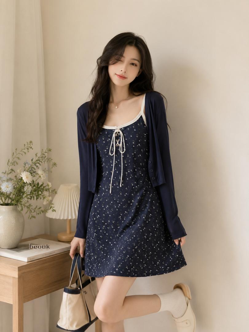 A150775 Summer Vacation Floral Spaghetti Strap Mini Dress for Women, Black A-Line Dress with Side Slit, High Waist Slim Fit Elegant Sundress