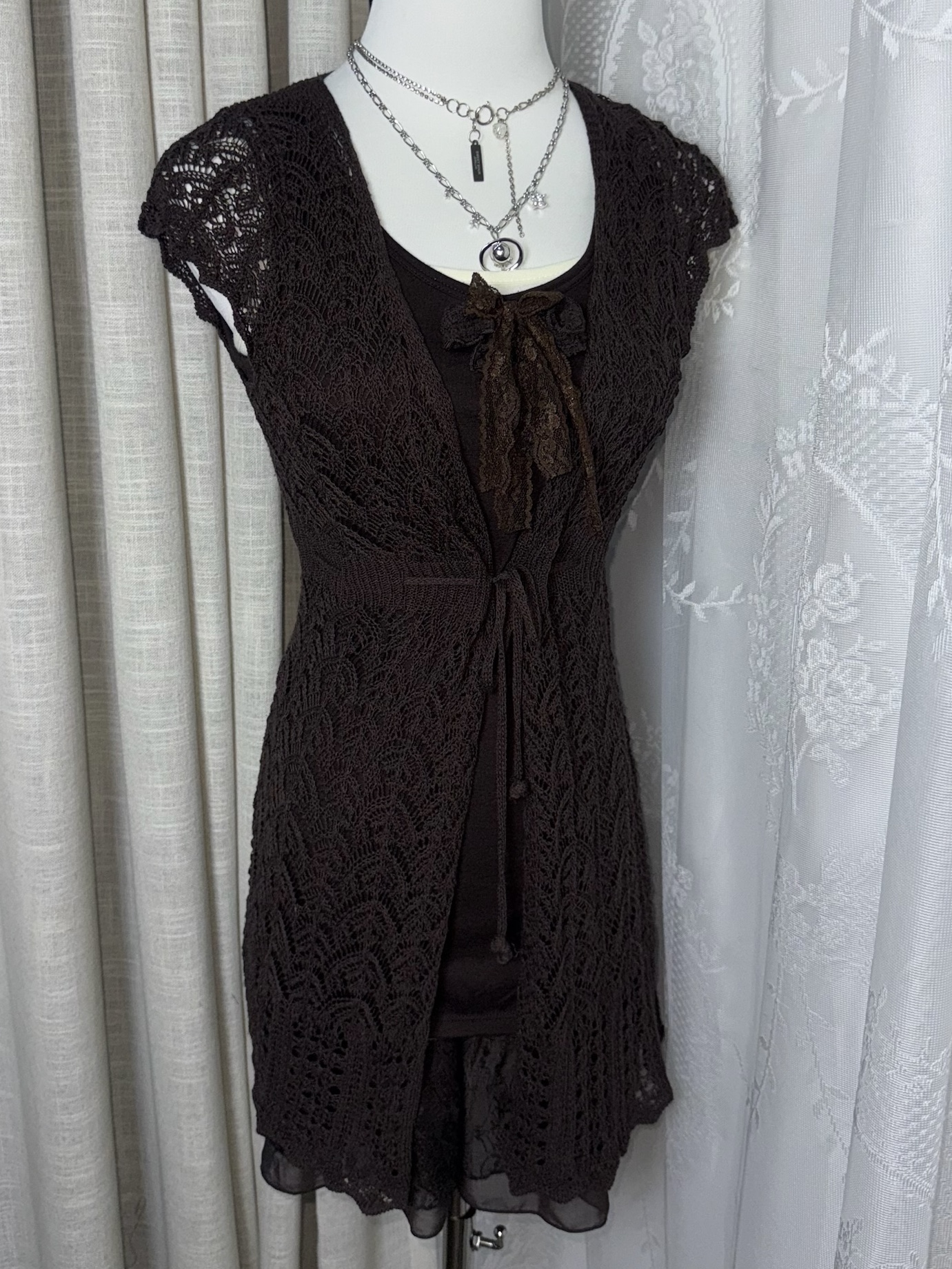 Mori Grunge Layered Crochet Cardigan & Chiffon Dress Set