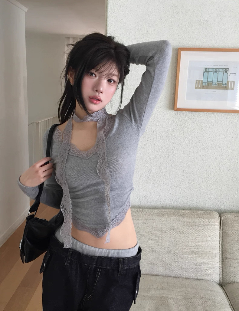 已售罄❌韓國姐姐感Lacy V領top +掛頸巾