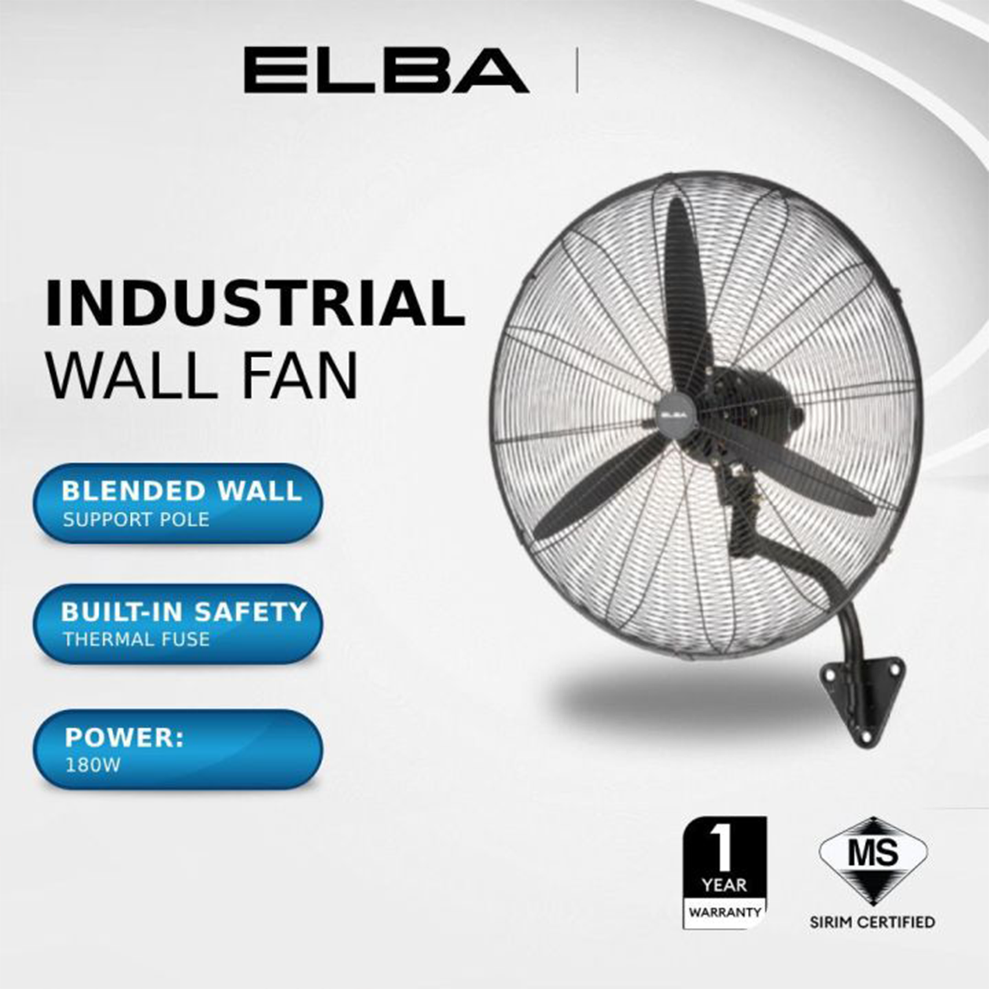 Elba 26" Industrial Wall Fan - 3 Blades EIWF-G2631(BK)