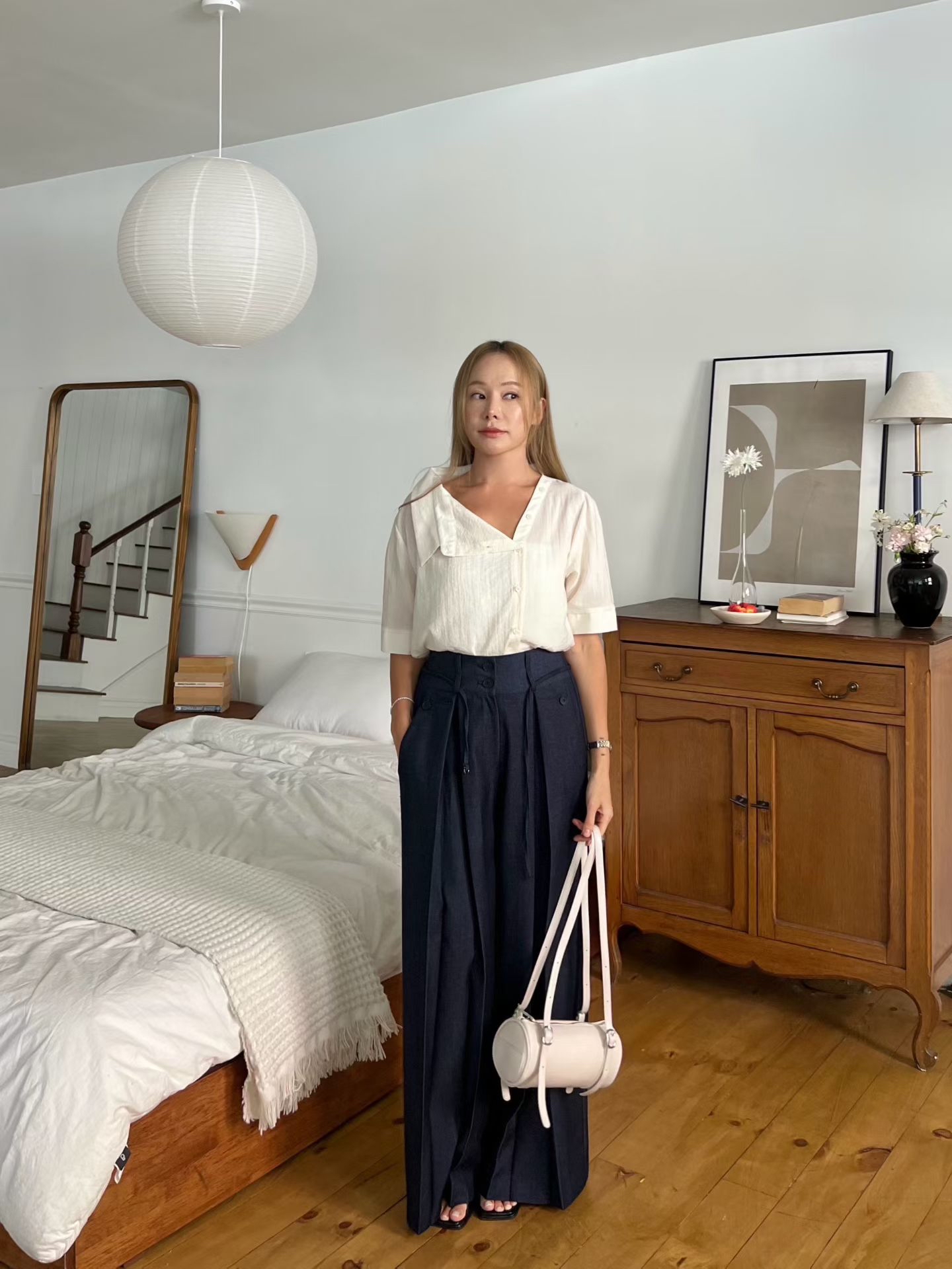 B11 高腰雙釦飾帶俐落仿牛仔寬褲