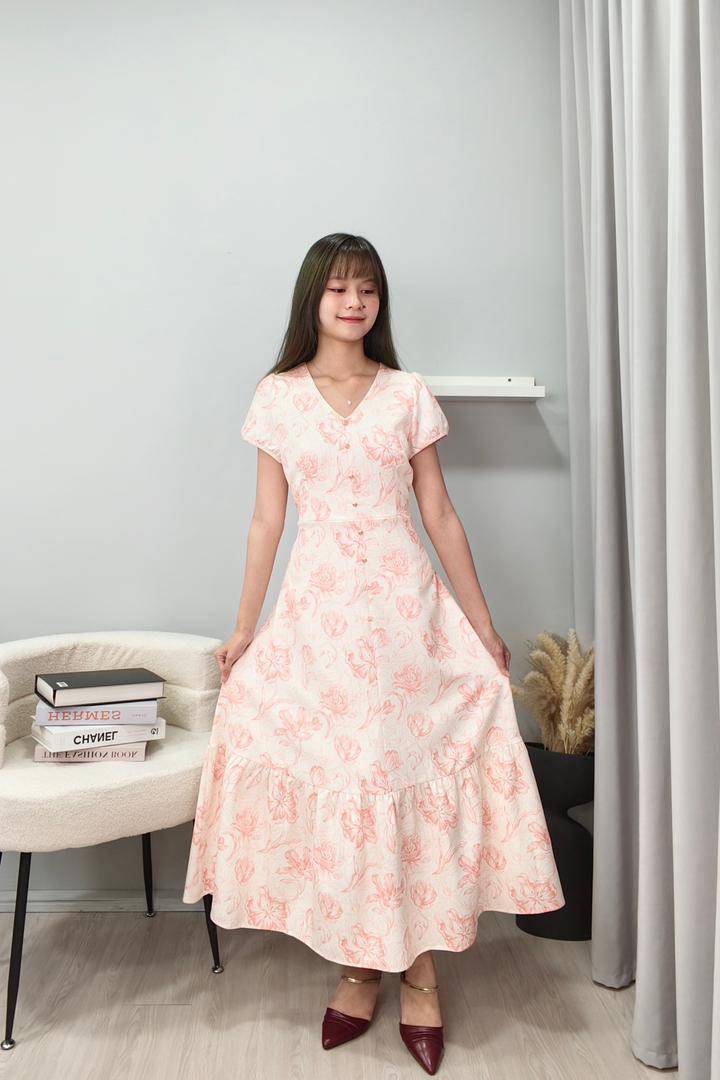 38557 Elegant Floral Ruffle Hem Maxi Dress